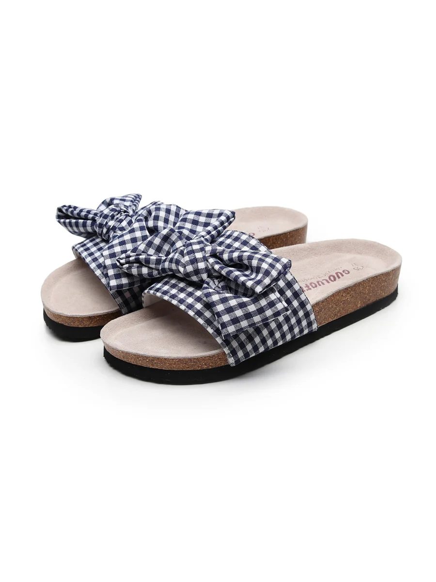 Maibulun | Navy Gingham Bow Sandals Slides - Image 2