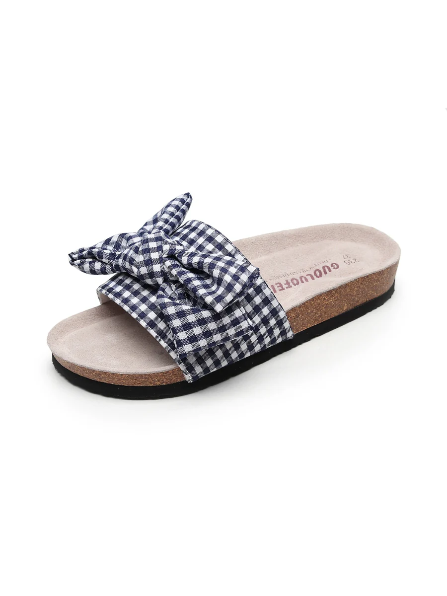 Maibulun | Navy Gingham Bow Sandals Slides - Image 3