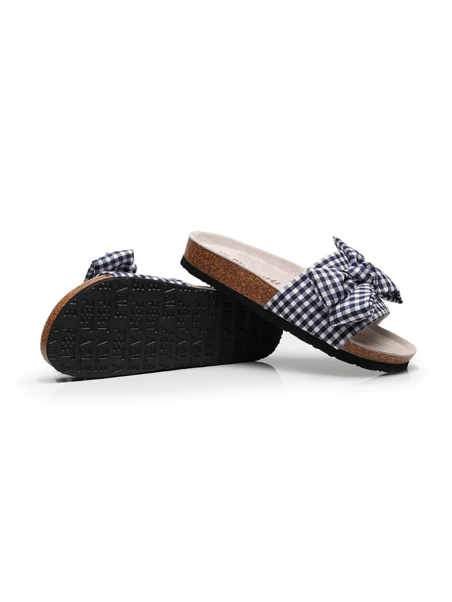 Maibulun | Navy Gingham Bow Sandals Slides - Image 4