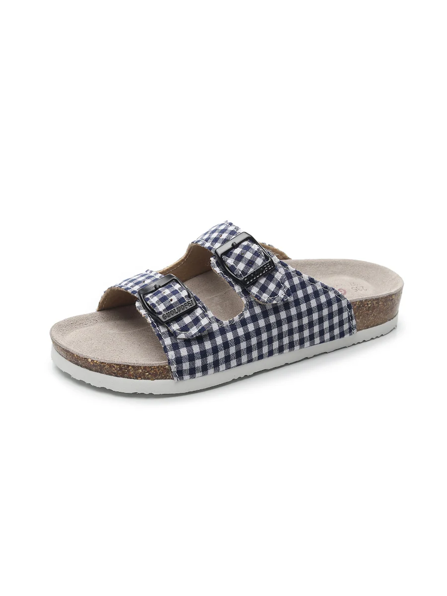 Maibulun | Tartan Gingham Double-Buckle Sandals Slides - Navy - Image 2