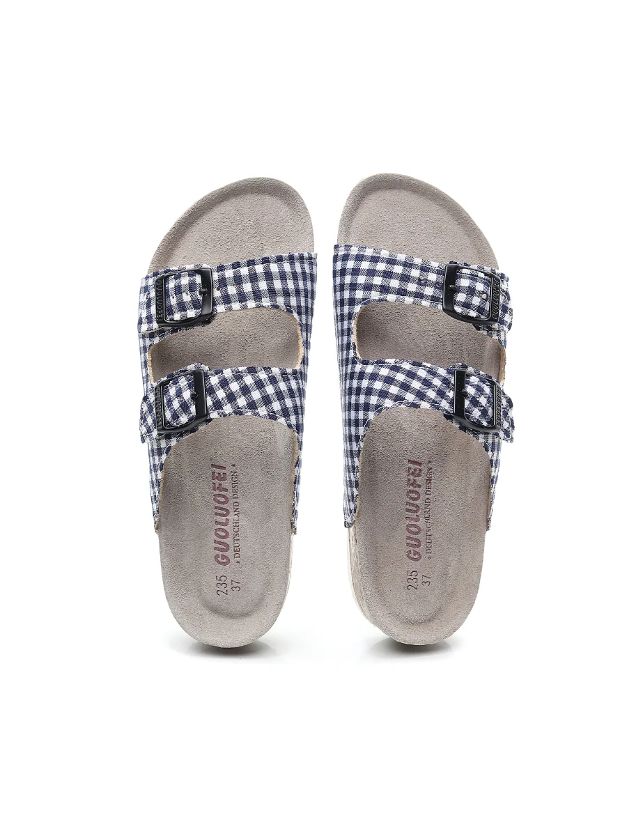 Maibulun | Tartan Gingham Double-Buckle Sandals Slides - Navy - Image 3