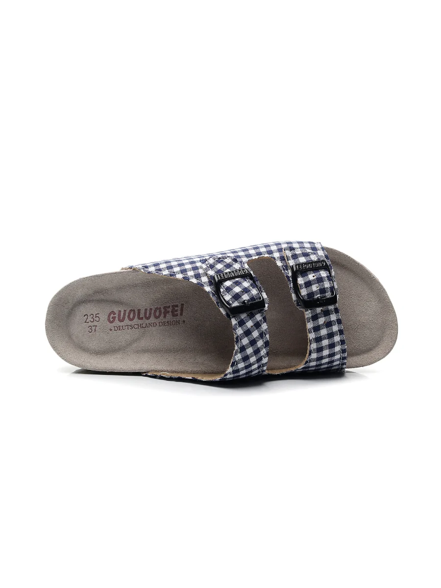 Maibulun | Tartan Gingham Double-Buckle Sandals Slides - Navy - Image 4