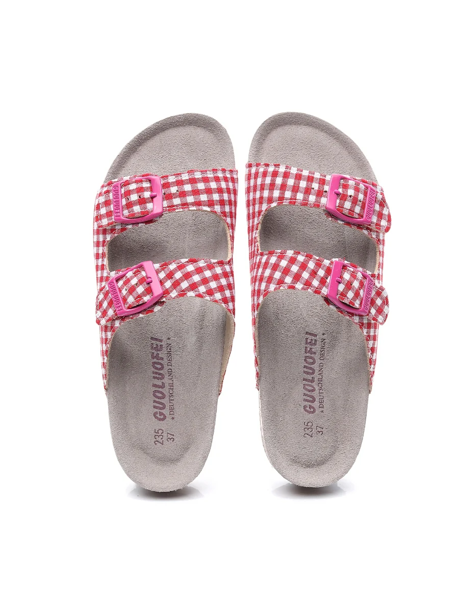 Maibulun | Tartan Gingham Double-Buckle Sandals Slides - Red - Image 3