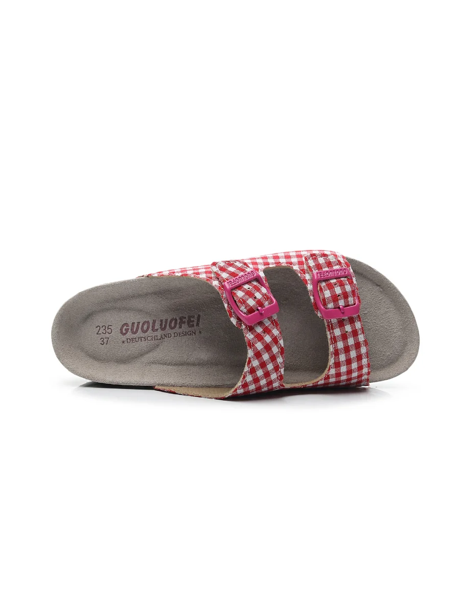 Maibulun | Tartan Gingham Double-Buckle Sandals Slides - Red - Image 4