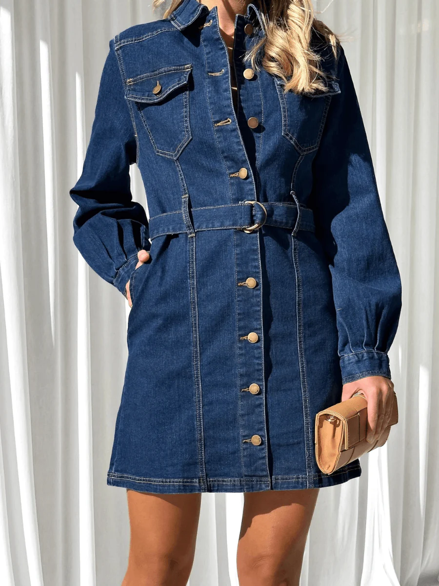 Make It Known Denim Collared Mini Dress - Dark Wash - Image 6