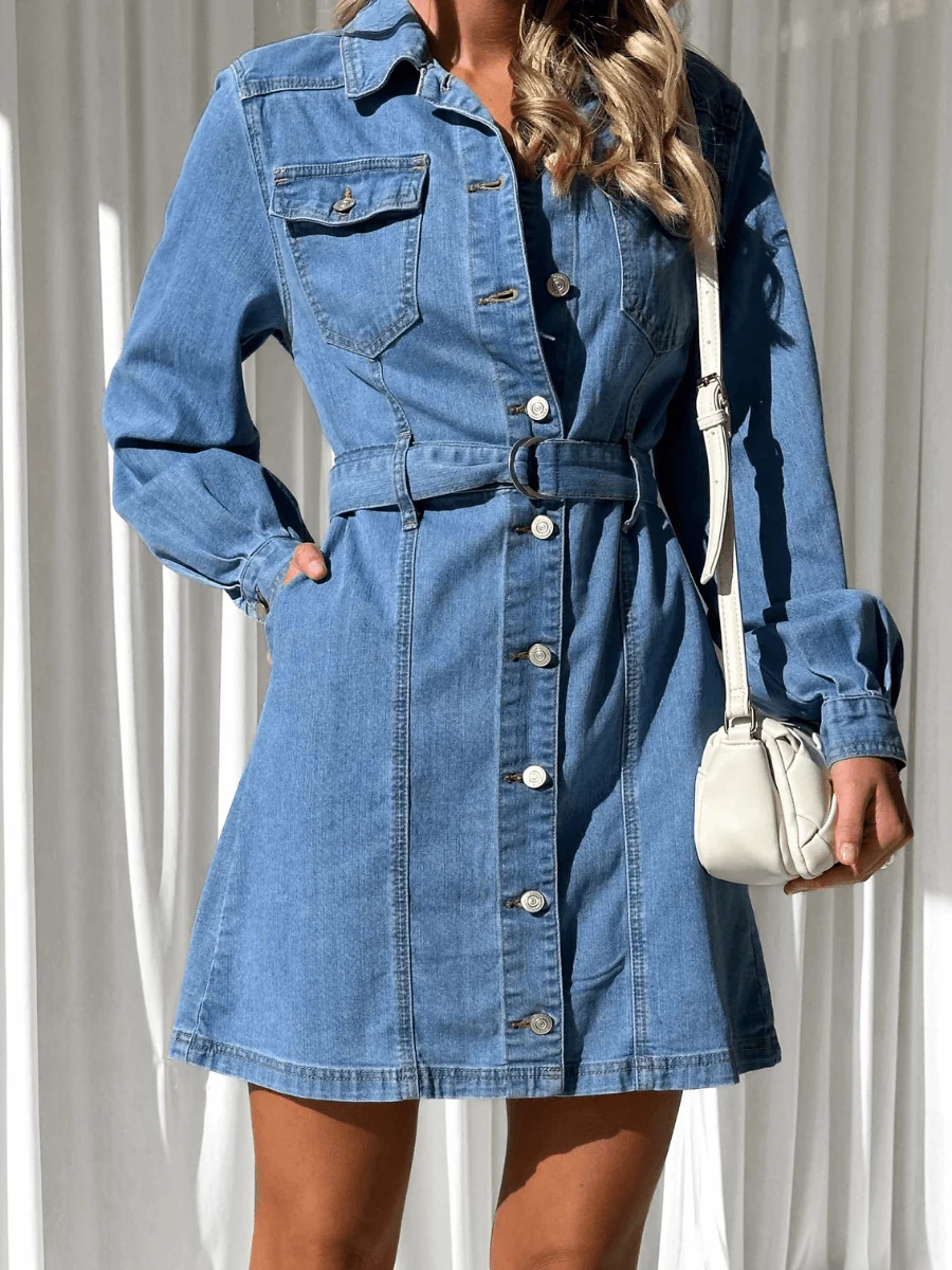 Make It Known Denim Collared Mini Dress - Denim Blue - Image 5