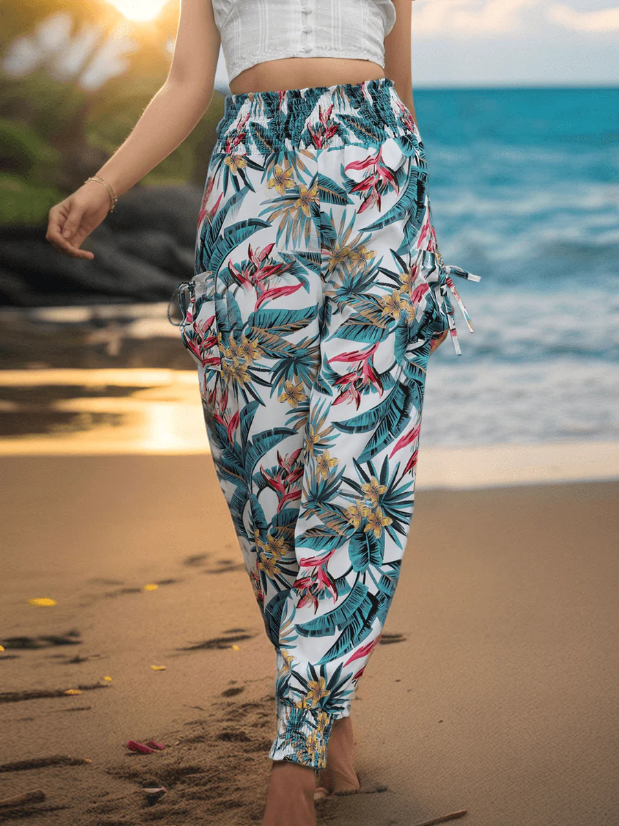 Mandy Palm Print High Rise Cargo Pants - Cream - Image 4