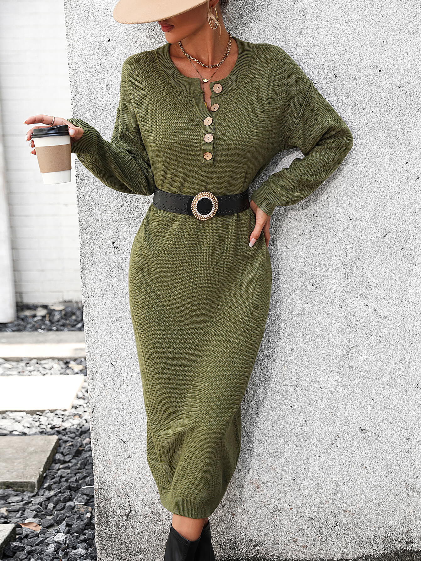 Massey Knit Midi Sweater Dress - Olive - Image 3