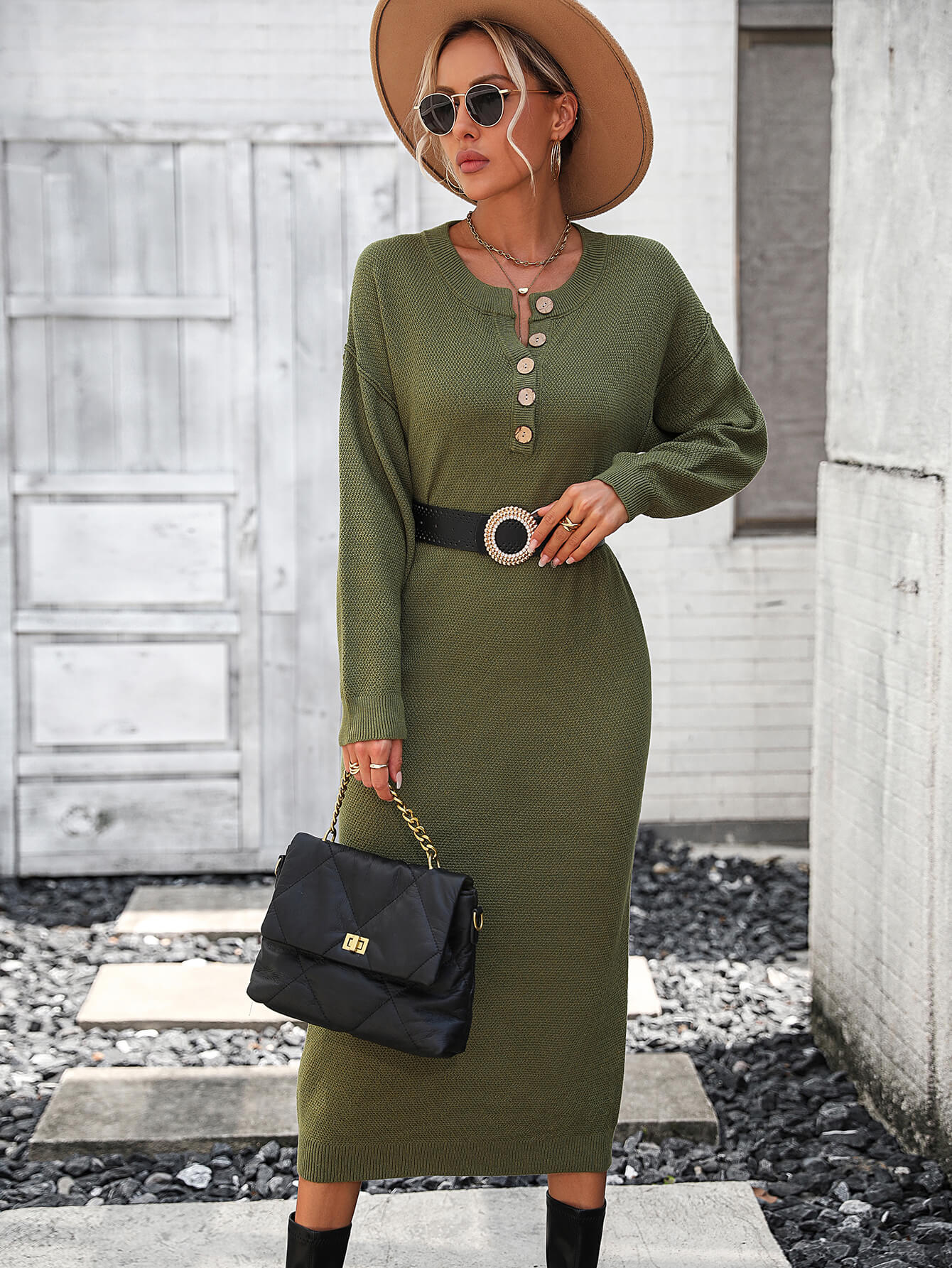 Massey Knit Midi Sweater Dress - Olive - Image 4
