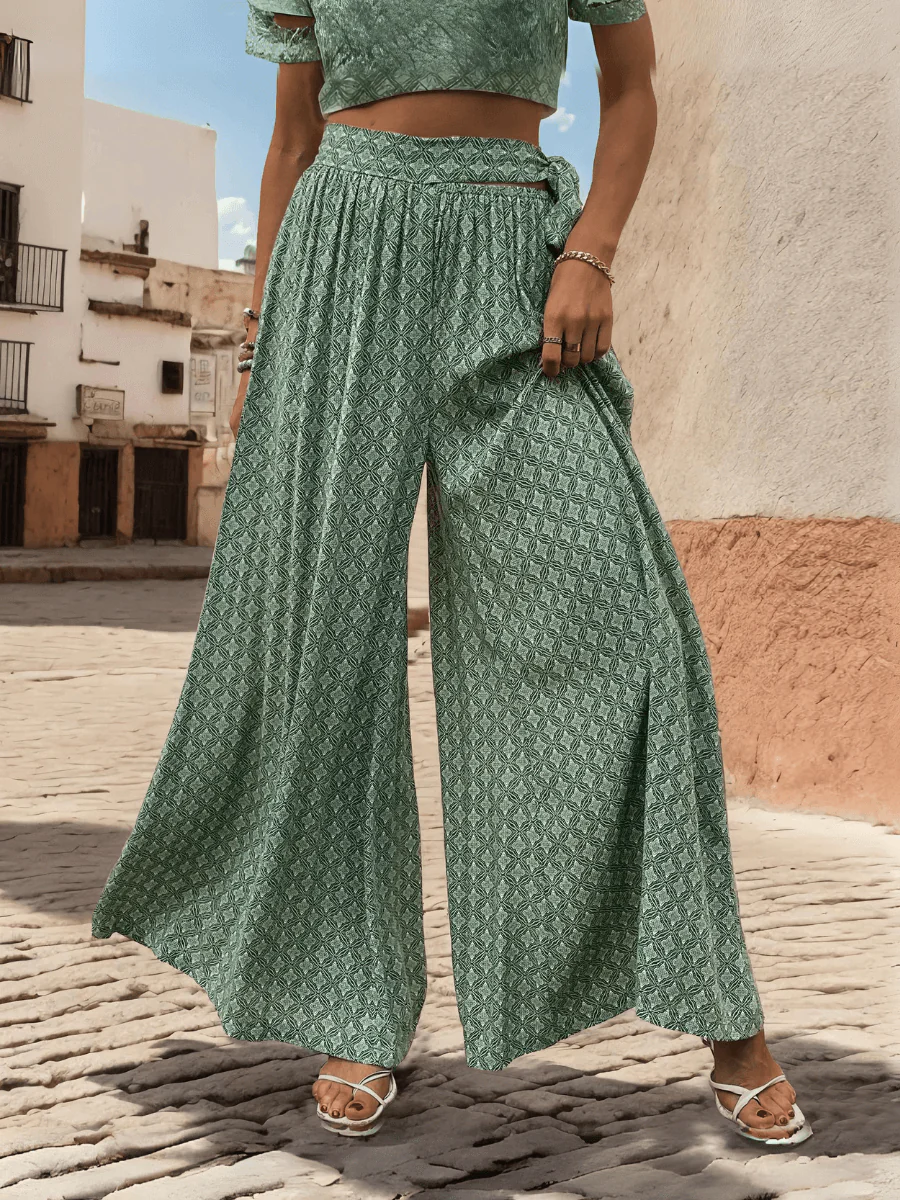 Maureen Printed Waist Tie Wide Leg Pant - Green