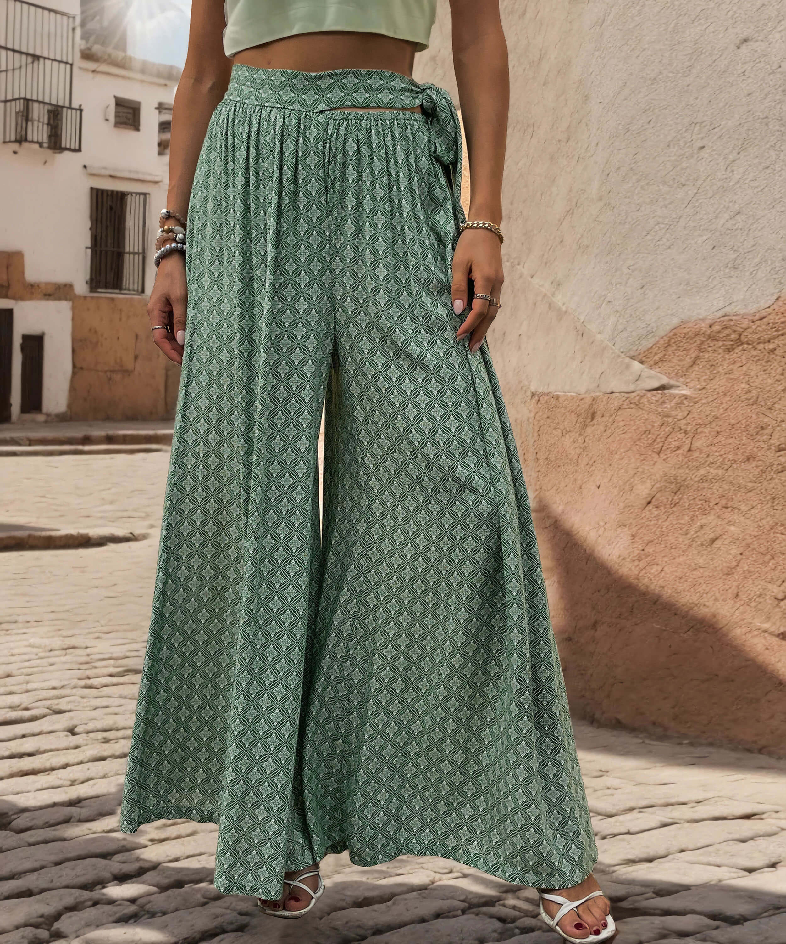 Maureen Printed Waist Tie Wide Leg Pant - Green - Image 2