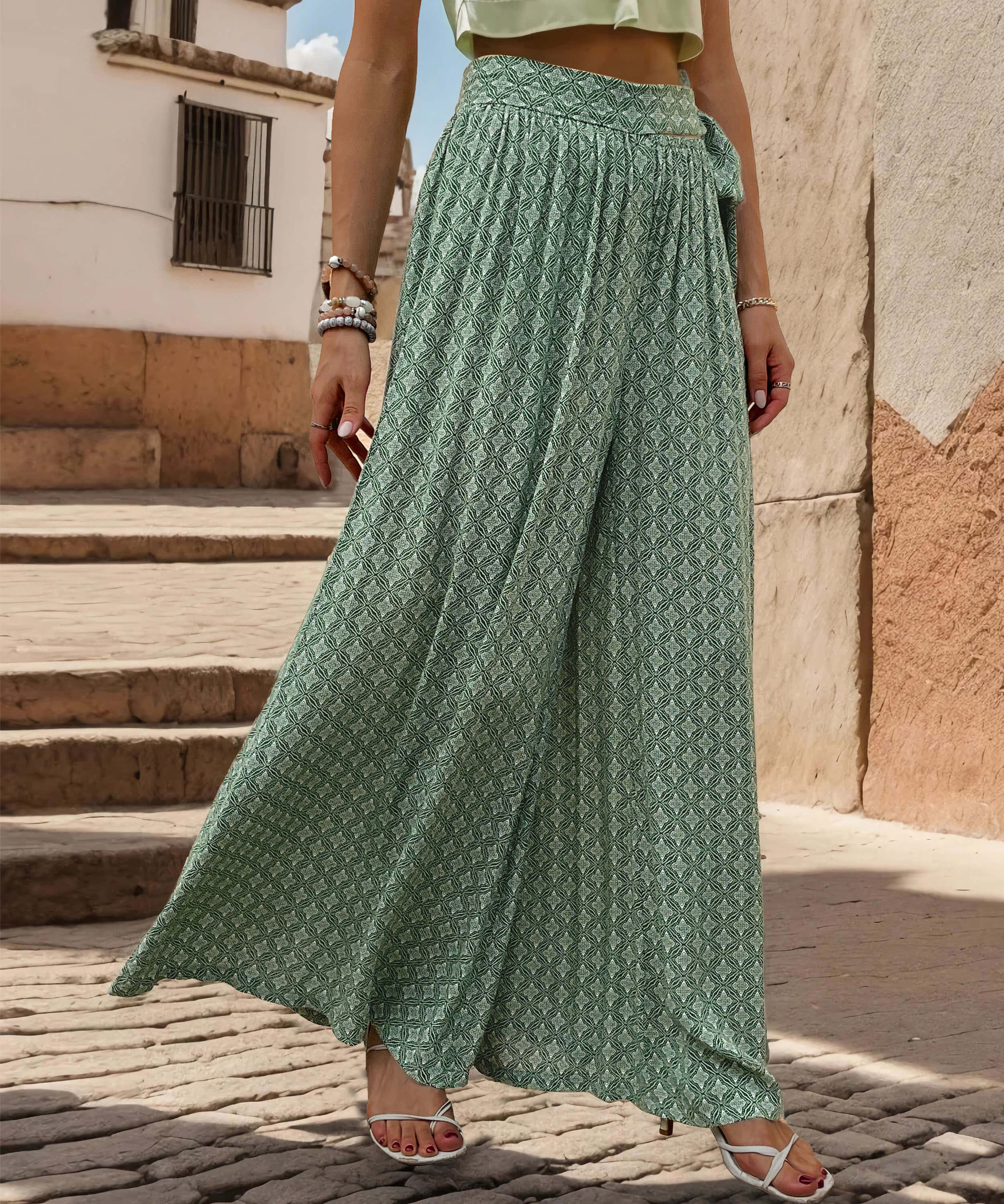 Maureen Printed Waist Tie Wide Leg Pant - Green - Image 4