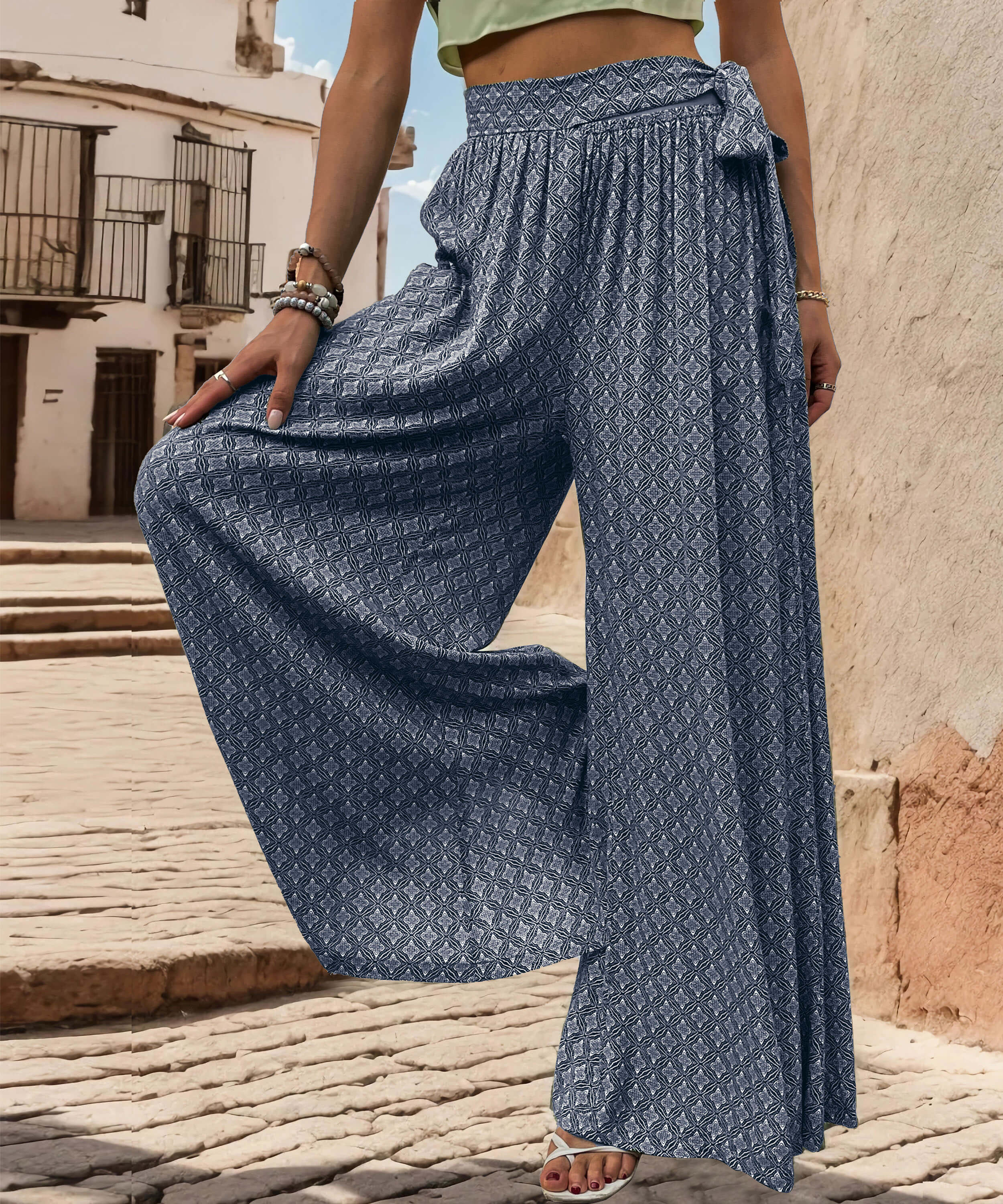 Maureen Printed Waist Tie Wide Leg Pant - Navy - Image 2