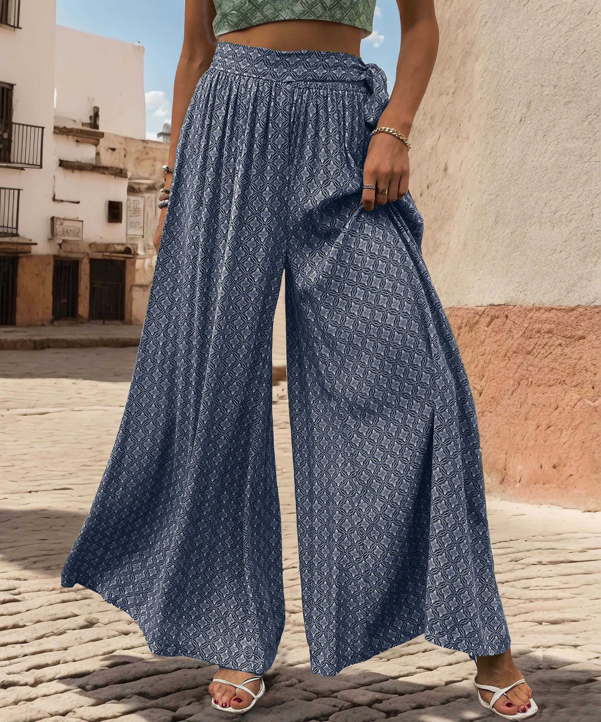 Maureen Printed Waist Tie Wide Leg Pant - Navy - Image 3