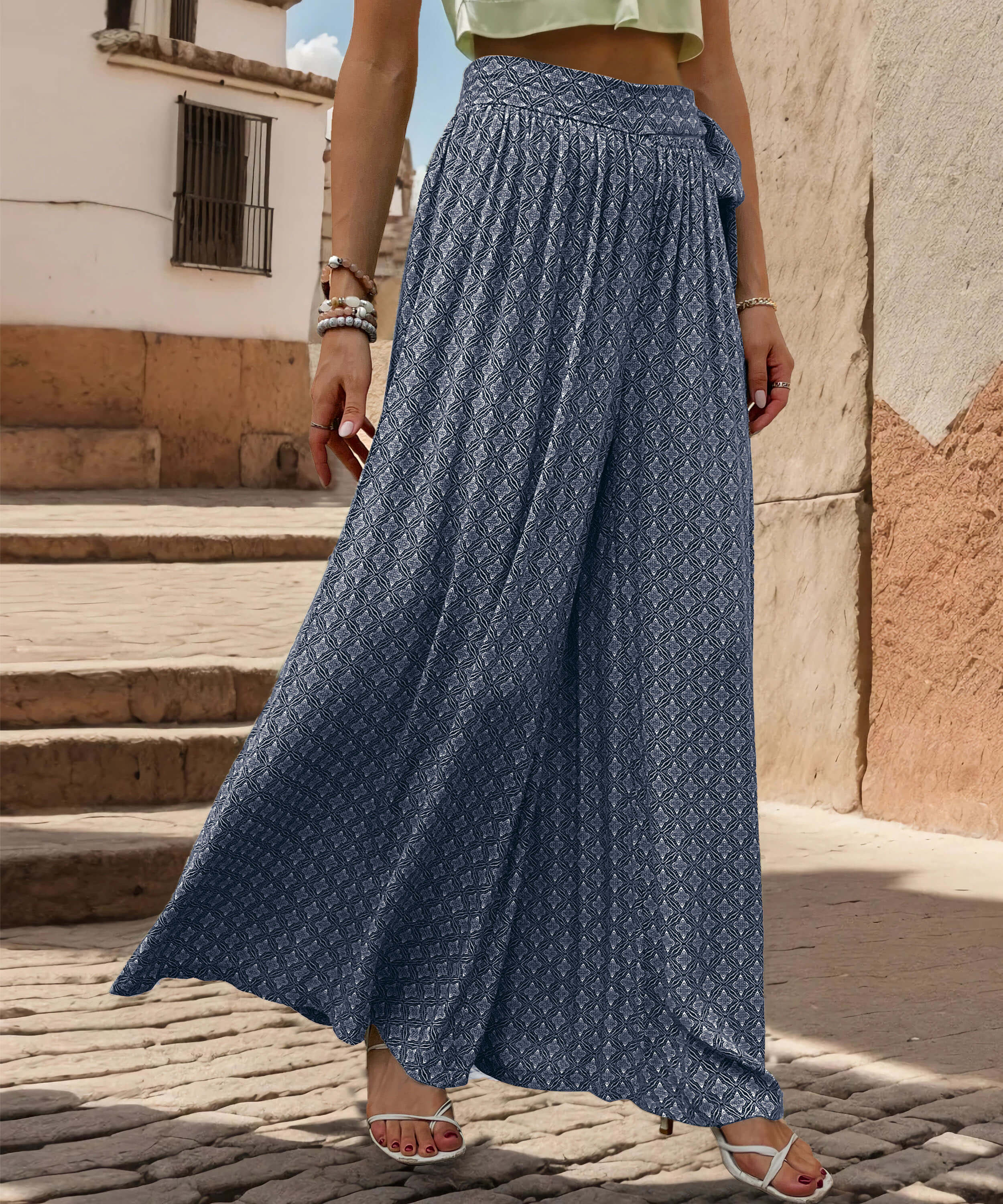 Maureen Printed Waist Tie Wide Leg Pant - Navy - Image 5