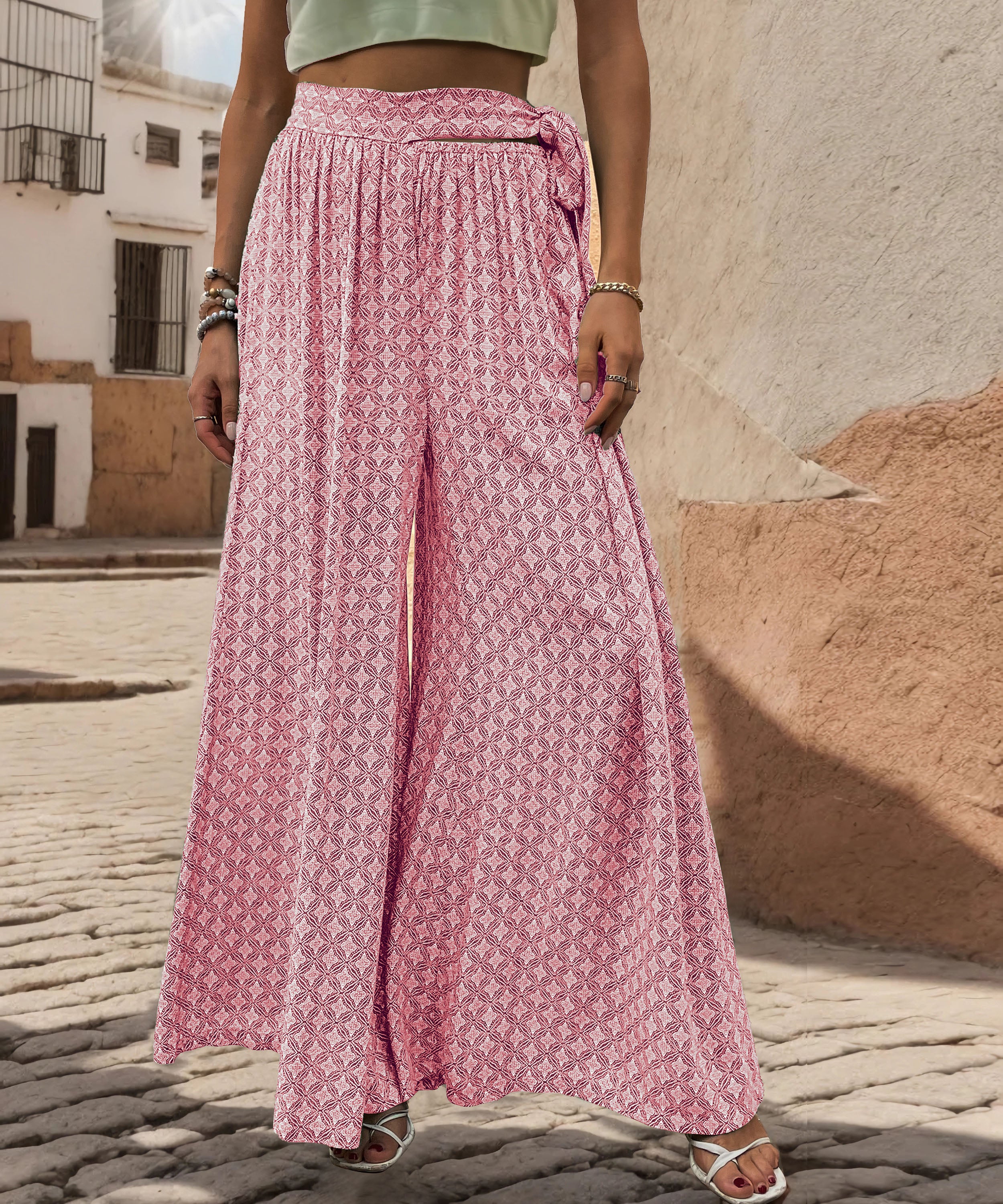 Maureen Printed Waist Tie Wide Leg Pant - Pink - Image 3
