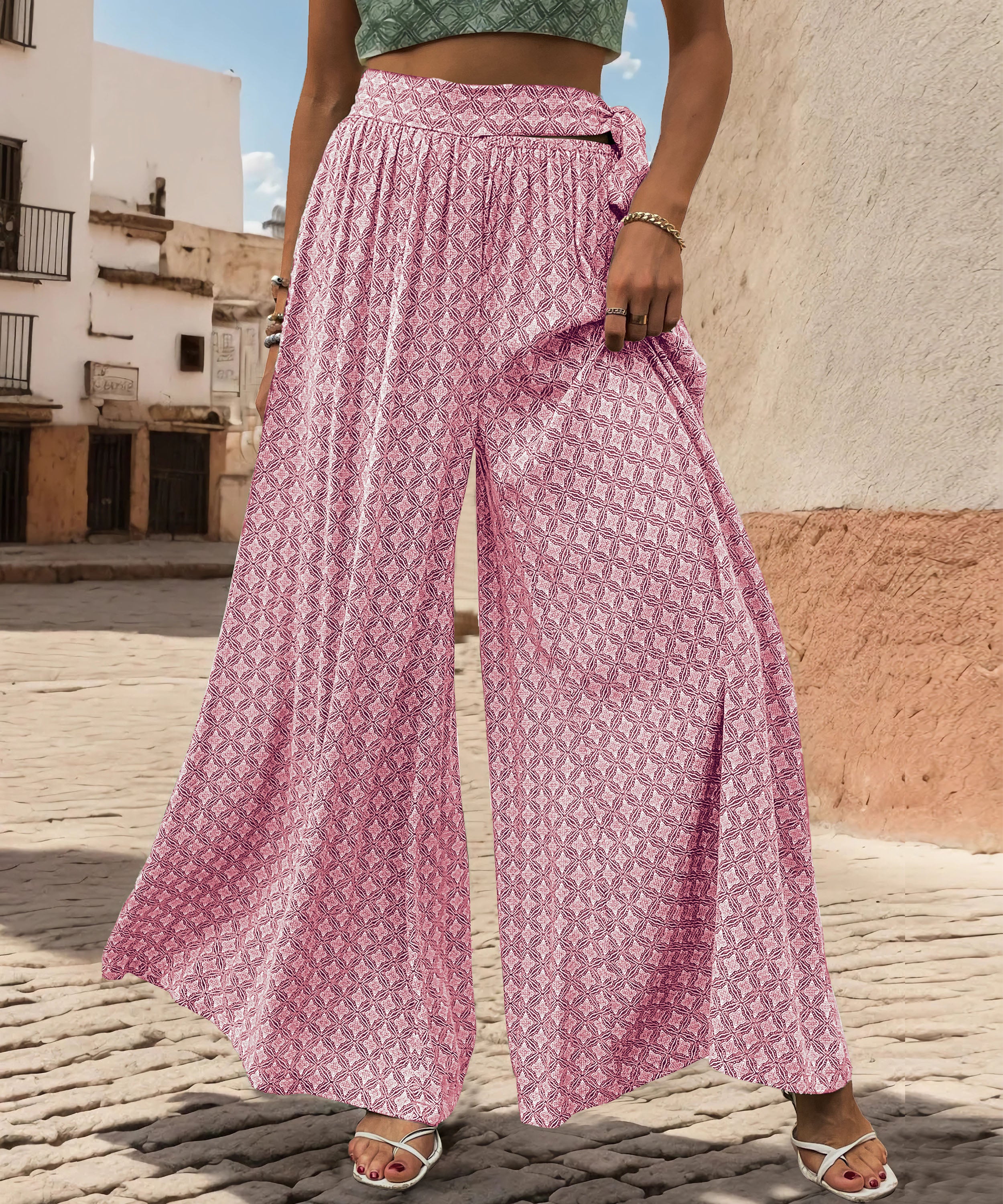 Maureen Printed Waist Tie Wide Leg Pant - Pink - Image 4