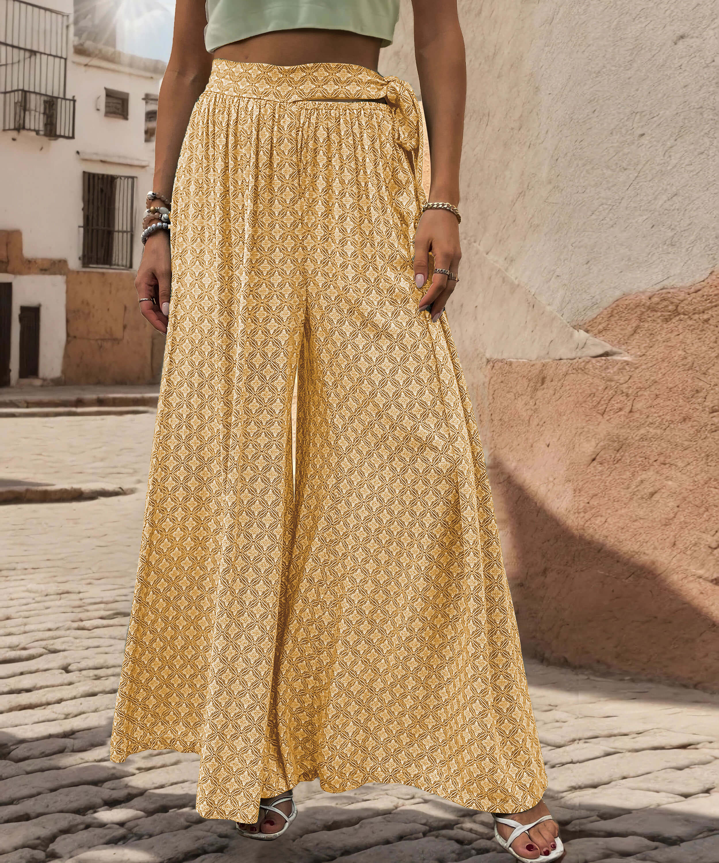 Maureen Printed Waist Tie Wide Leg Pant - Yellow - Image 3