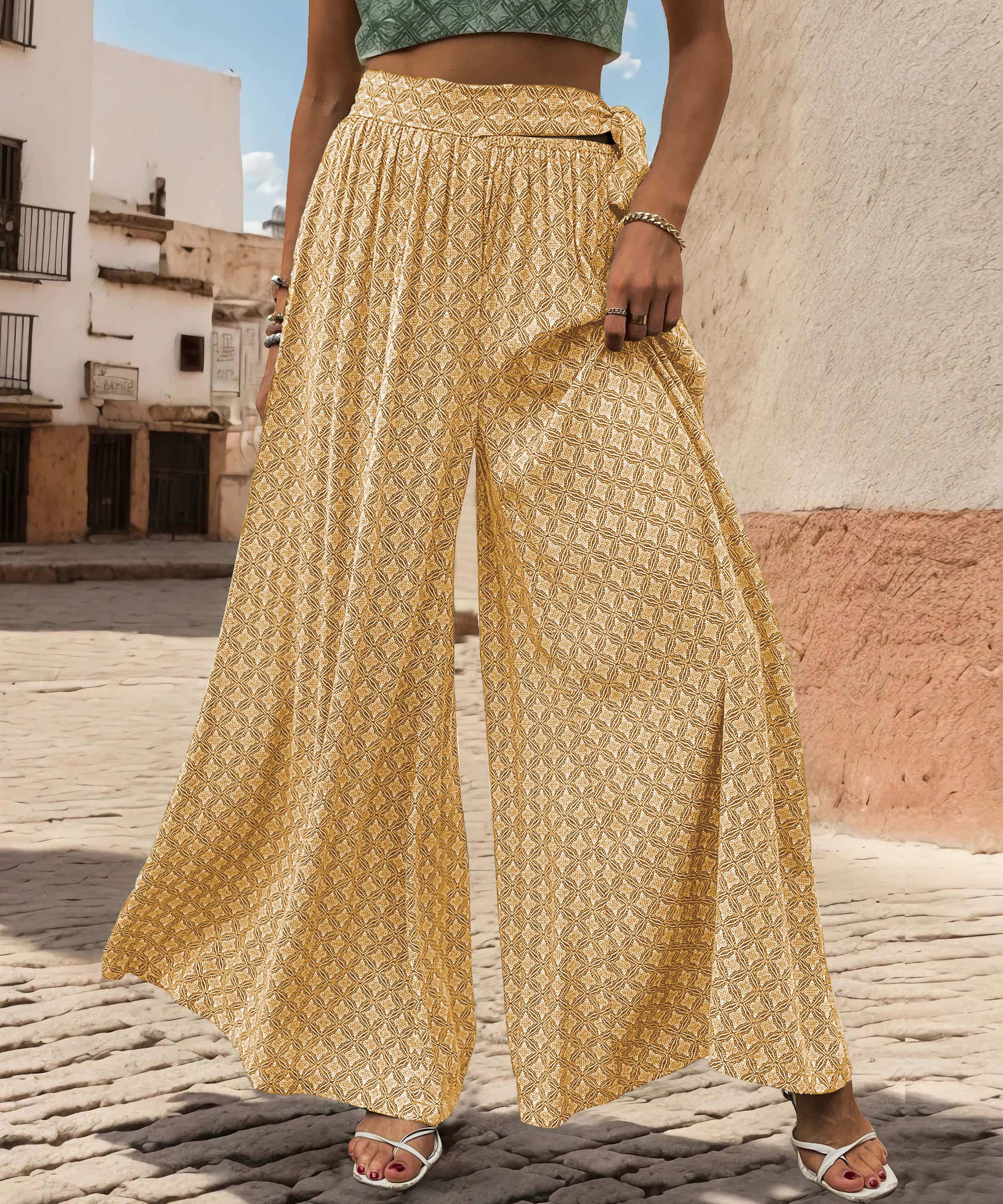 Maureen Printed Waist Tie Wide Leg Pant - Yellow - Image 4