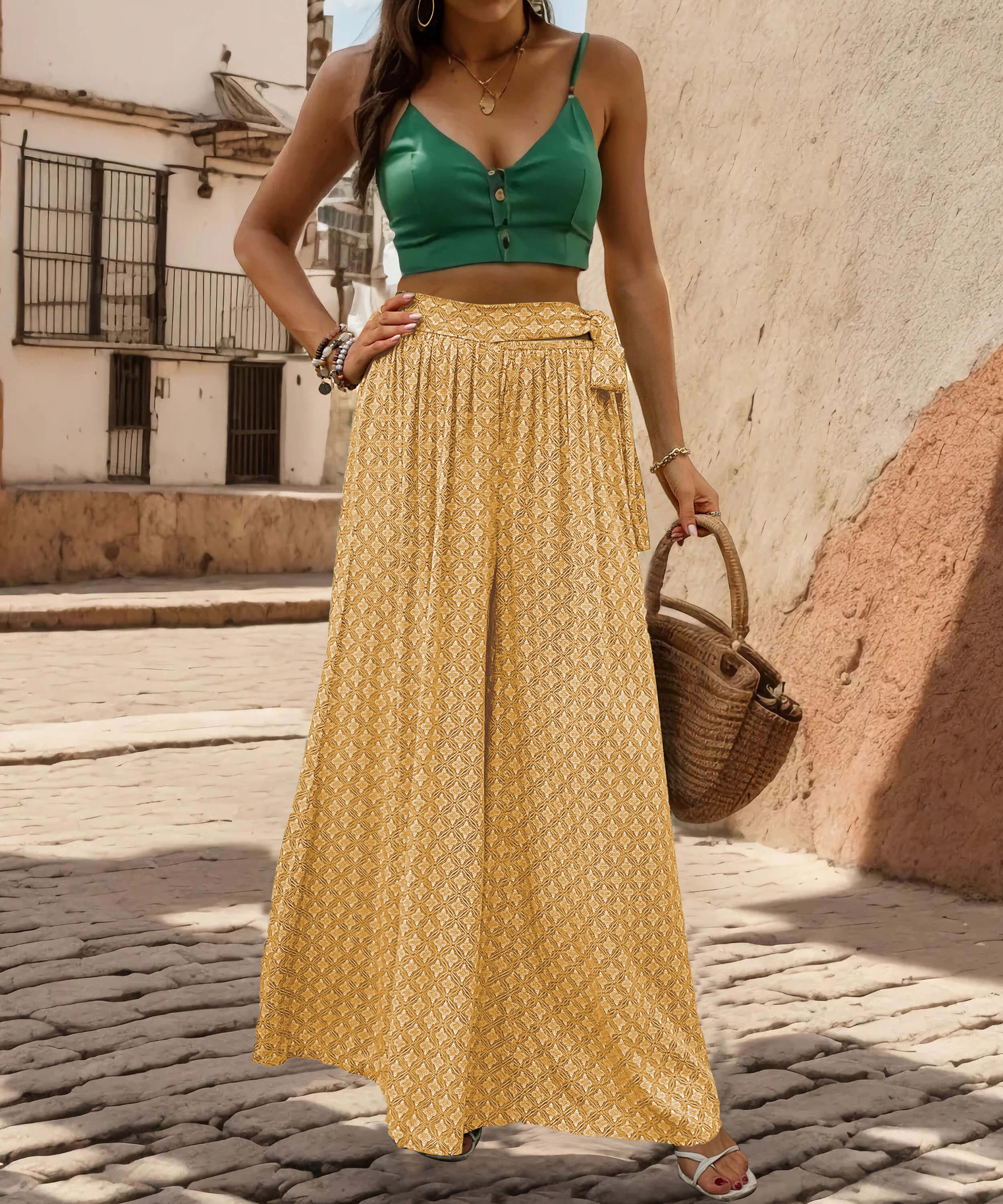 Maureen Printed Waist Tie Wide Leg Pant - Yellow - Image 5