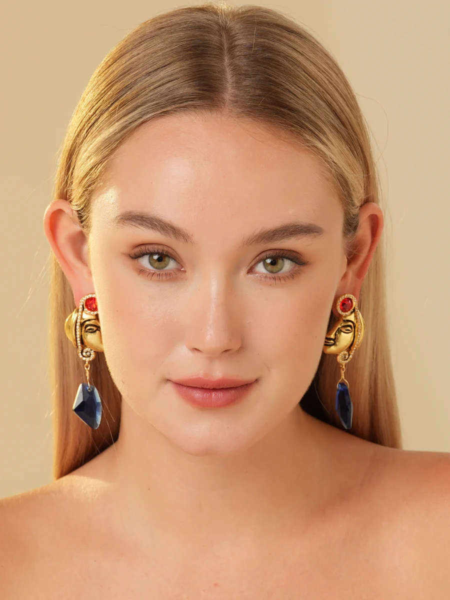 Maya Totem Avatar Gold Plated Sapphire Drop Earrings - Image 2