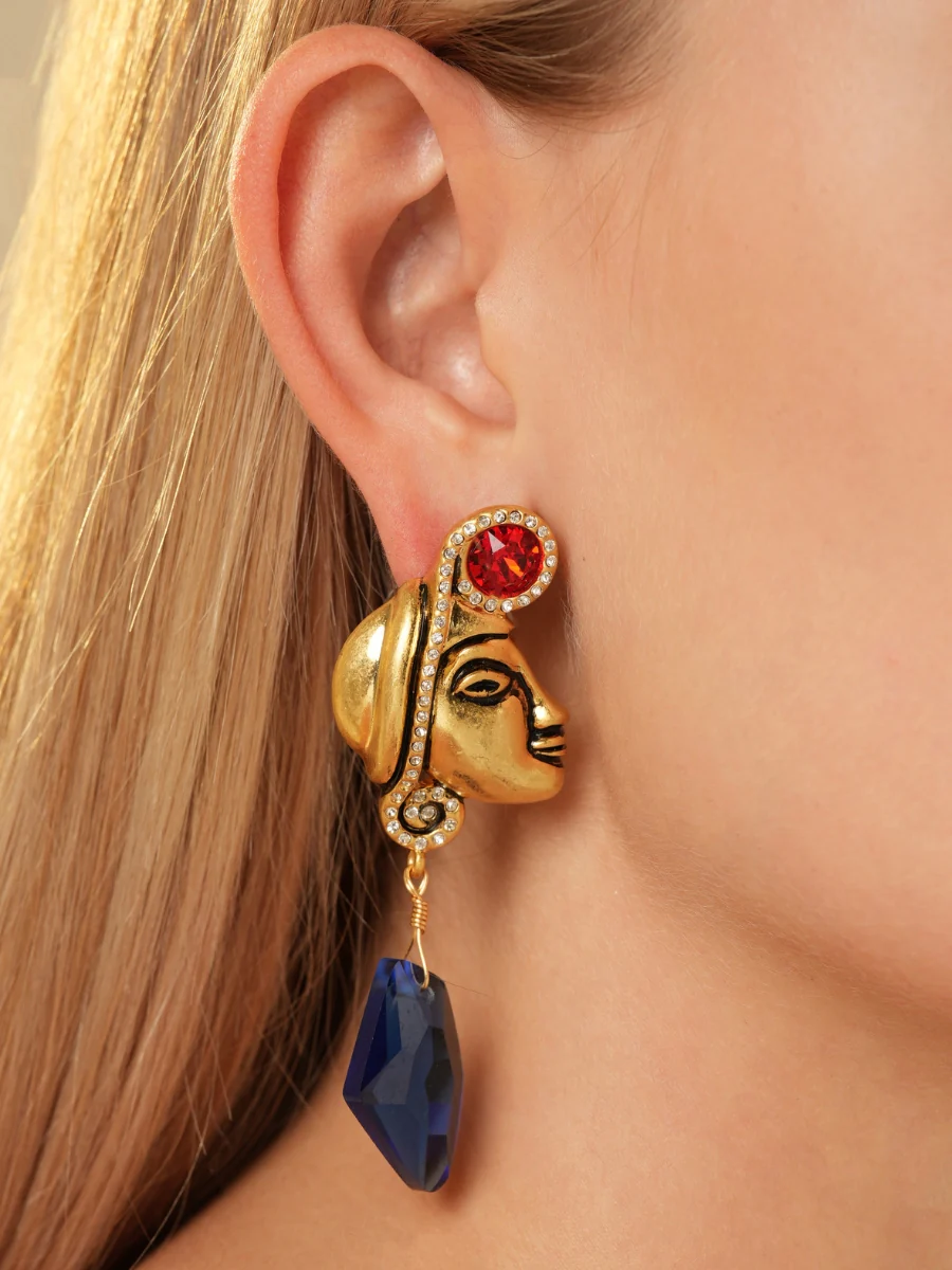 Maya Totem Avatar Gold Plated Sapphire Drop Earrings - Image 3