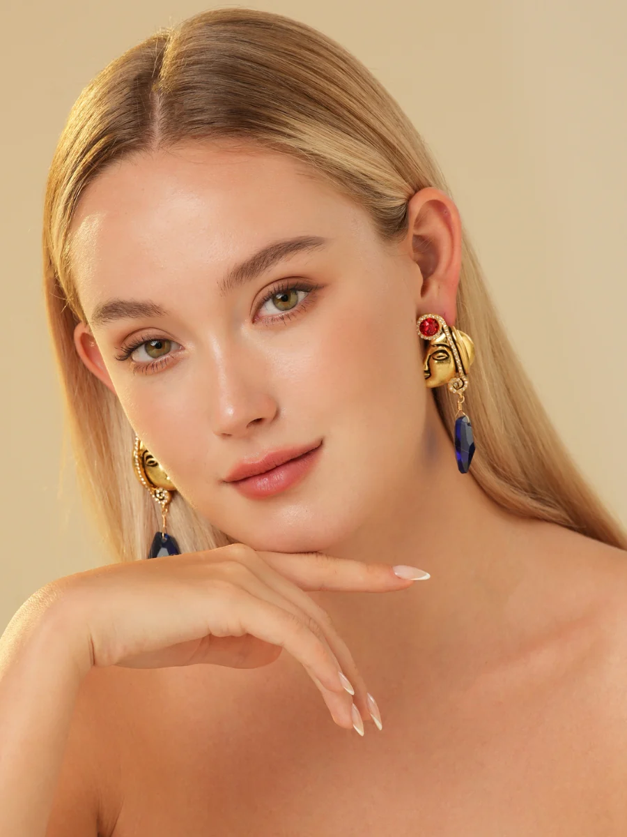 Maya Totem Avatar Gold Plated Sapphire Drop Earrings - Image 4