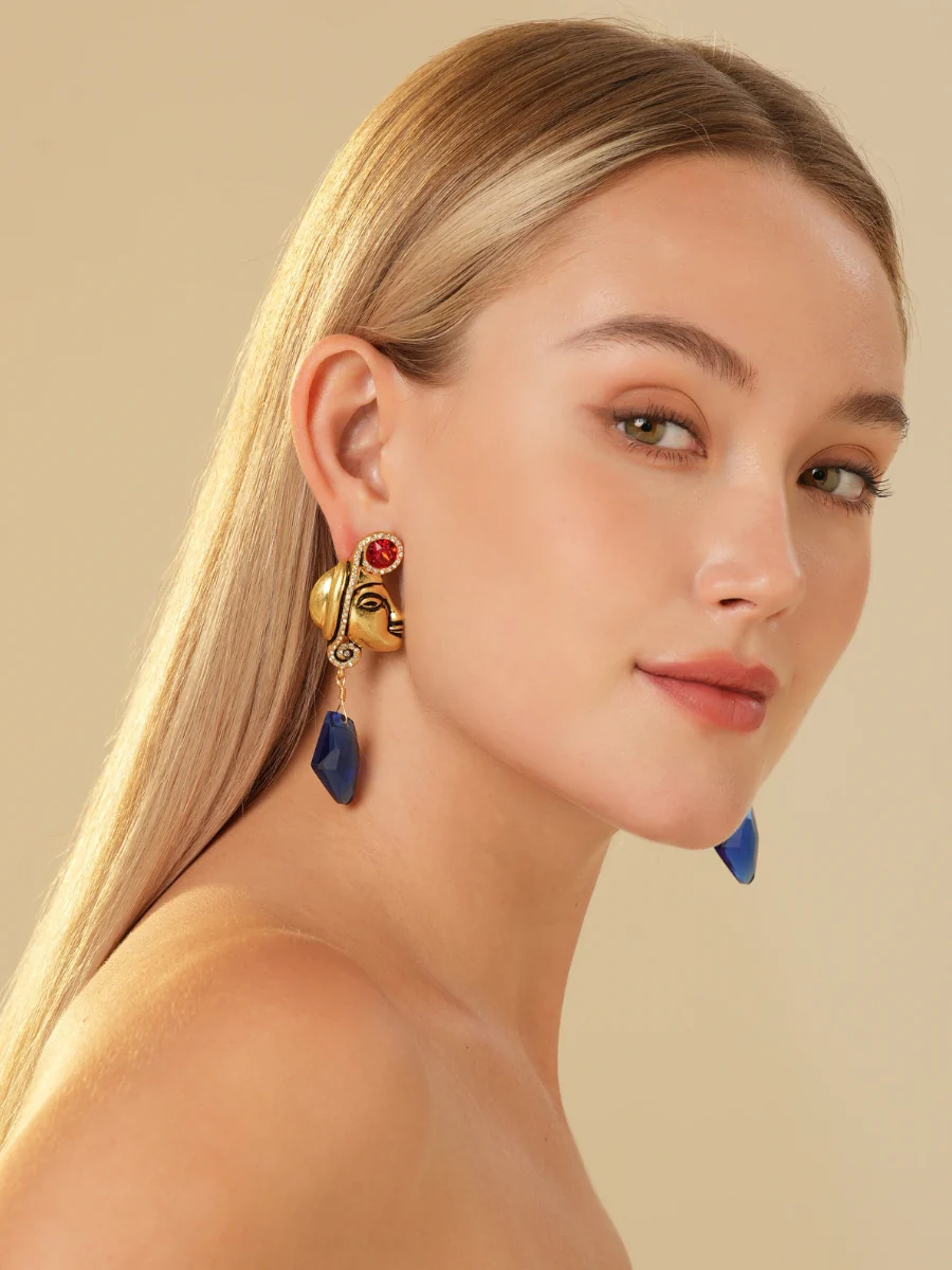 Maya Totem Avatar Gold Plated Sapphire Drop Earrings - Image 5
