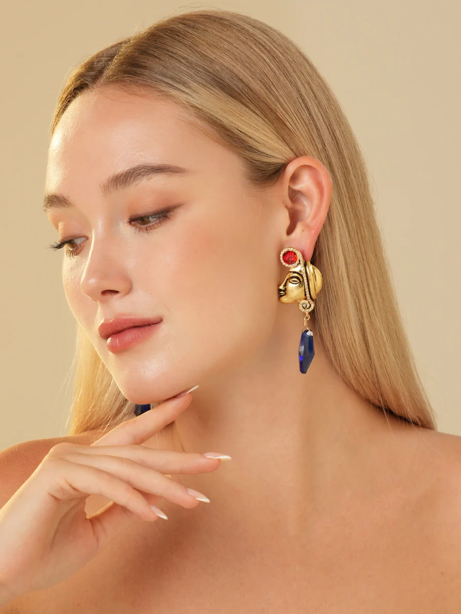 Maya Totem Avatar Gold Plated Sapphire Drop Earrings - Image 6