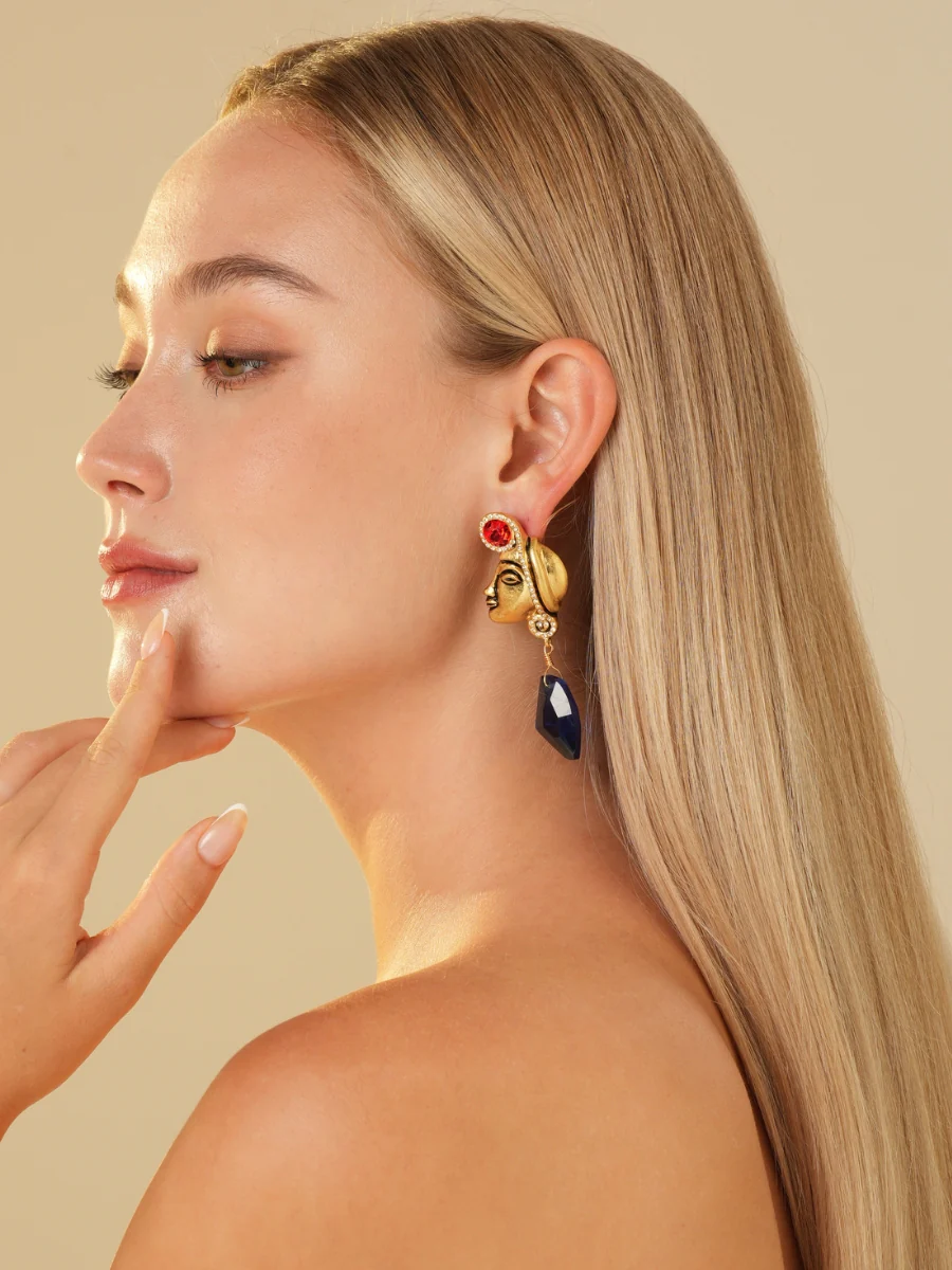 Maya Totem Avatar Gold Plated Sapphire Drop Earrings - Image 7