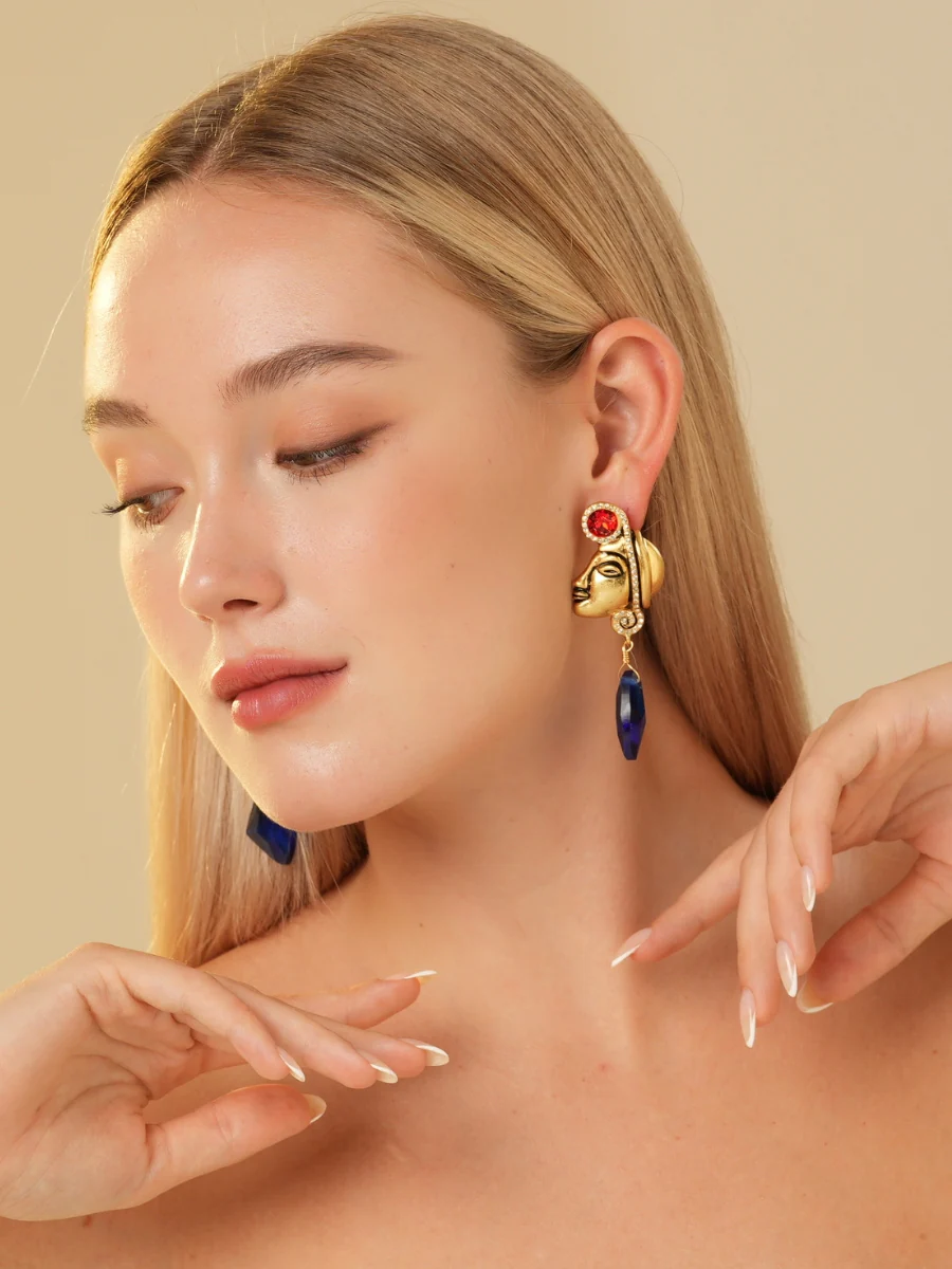 Maya Totem Avatar Gold Plated Sapphire Drop Earrings - Image 8
