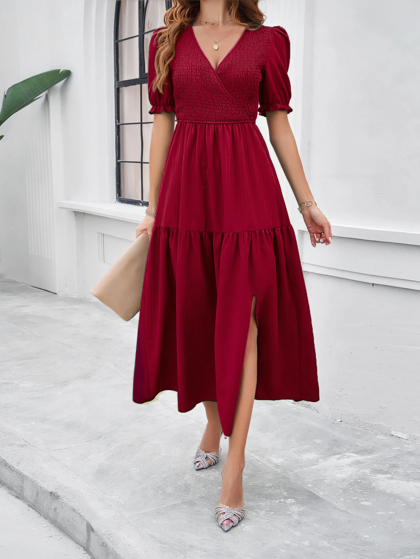 Meadow Smock Midi Dress - Burgundy - Image 2