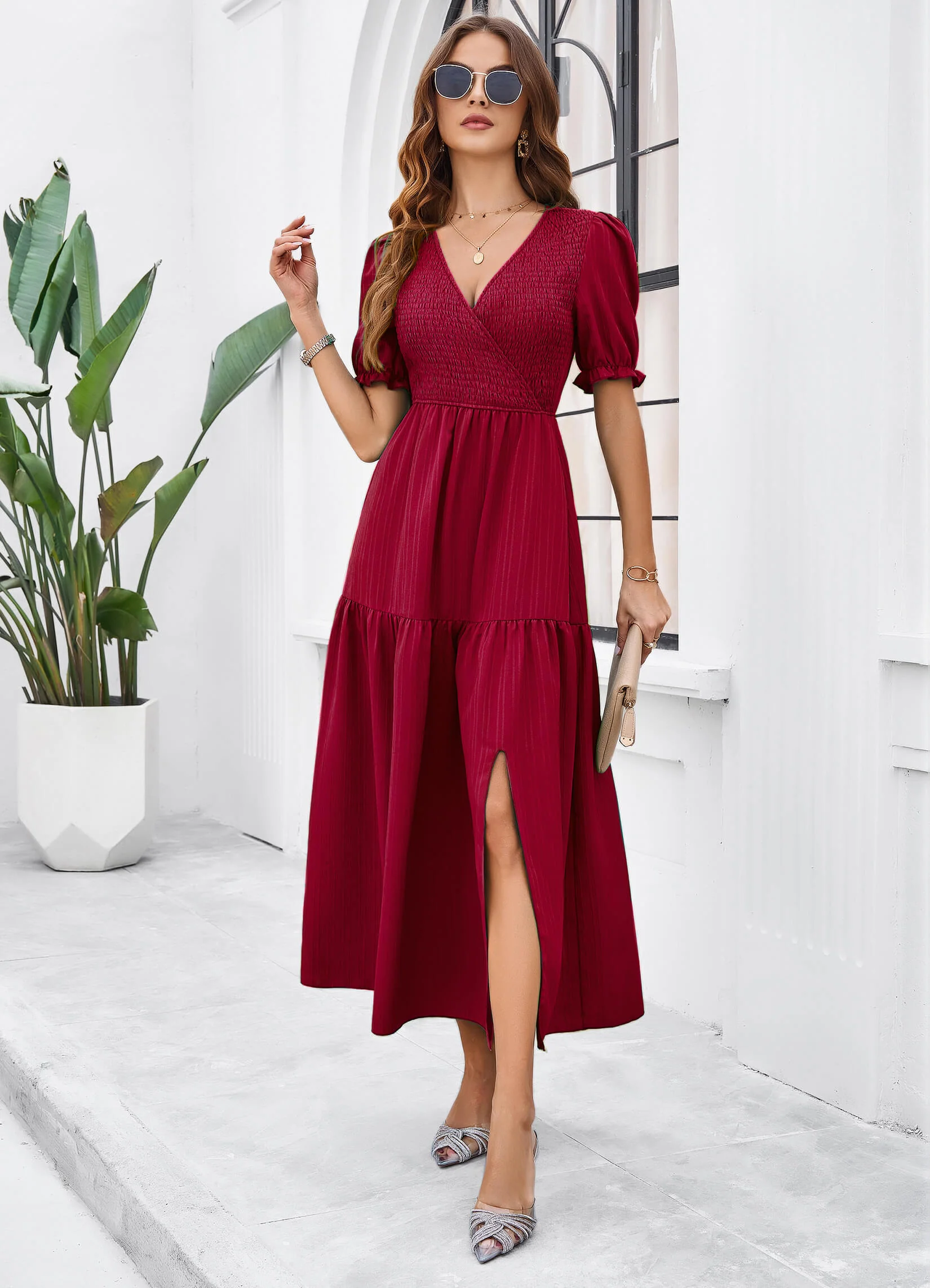 Meadow Smock Midi Dress - Burgundy - Image 4