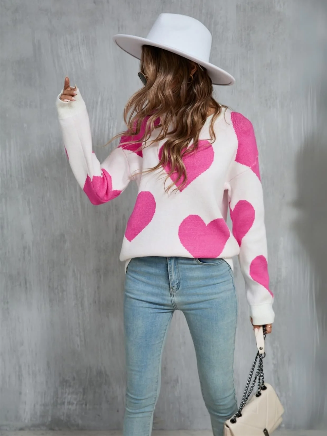 Mega Love Heart Prints Knit Sweater - Cream - Image 2