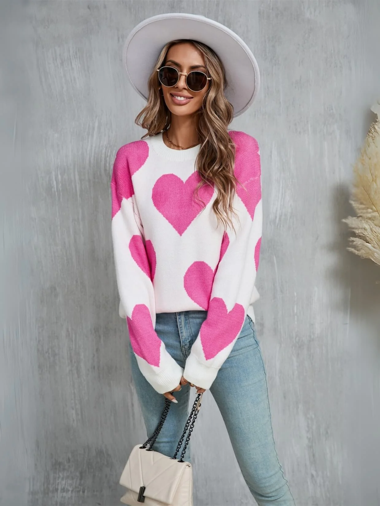 Mega Love Heart Prints Knit Sweater - Cream - Image 3