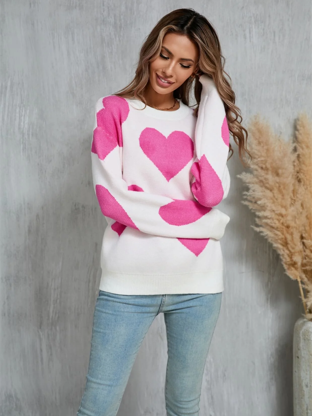 Mega Love Heart Prints Knit Sweater - Cream - Image 4