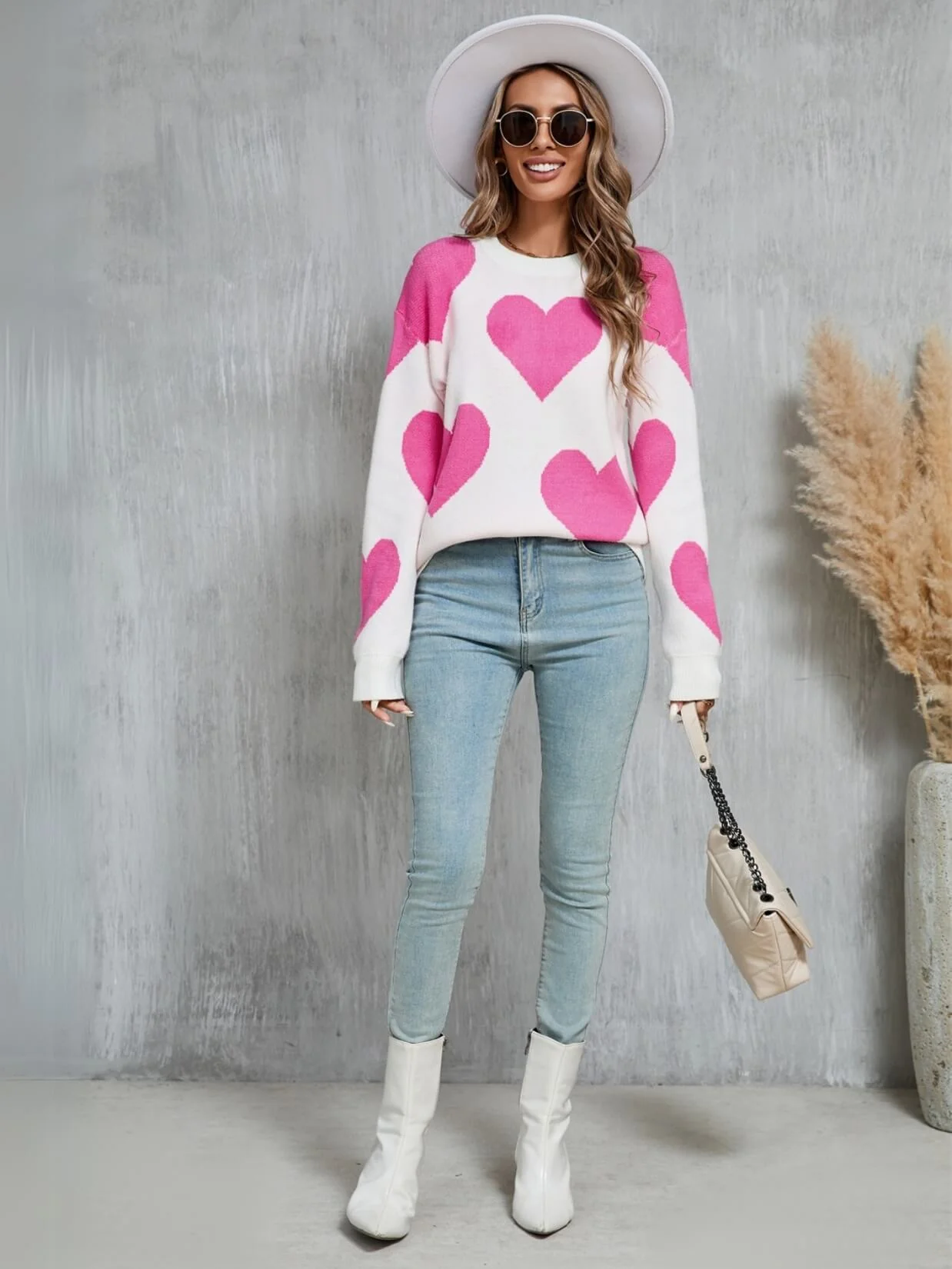 Mega Love Heart Prints Knit Sweater - Cream - Image 5