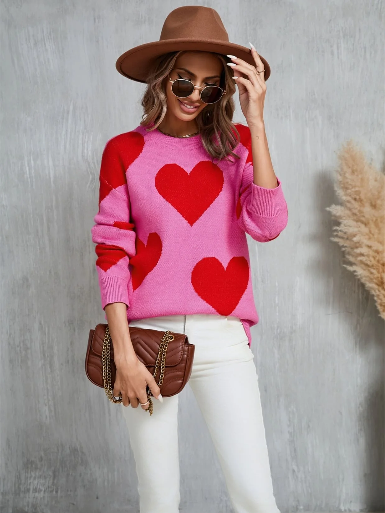 Mega Love Heart Prints Knit Sweater - Pink - Image 2