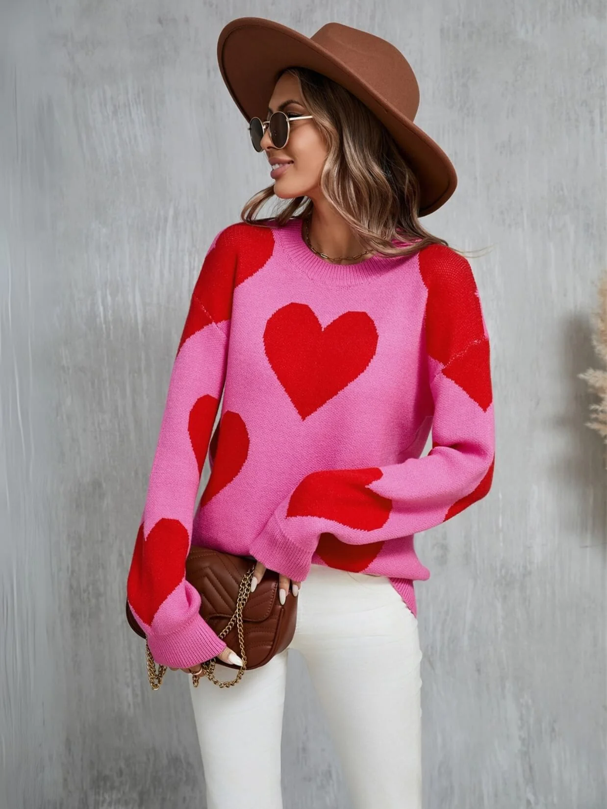 Mega Love Heart Prints Knit Sweater - Pink - Image 3