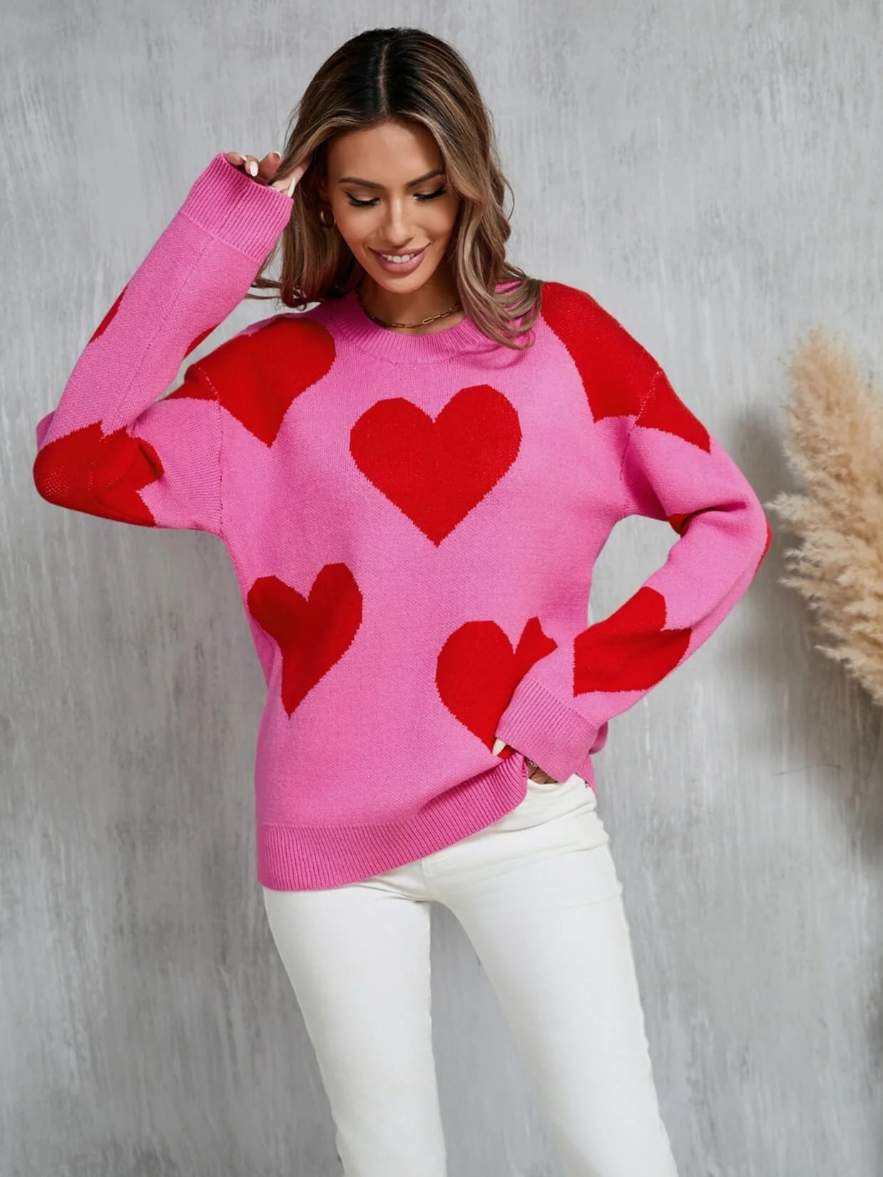 Mega Love Heart Prints Knit Sweater - Pink - Image 4