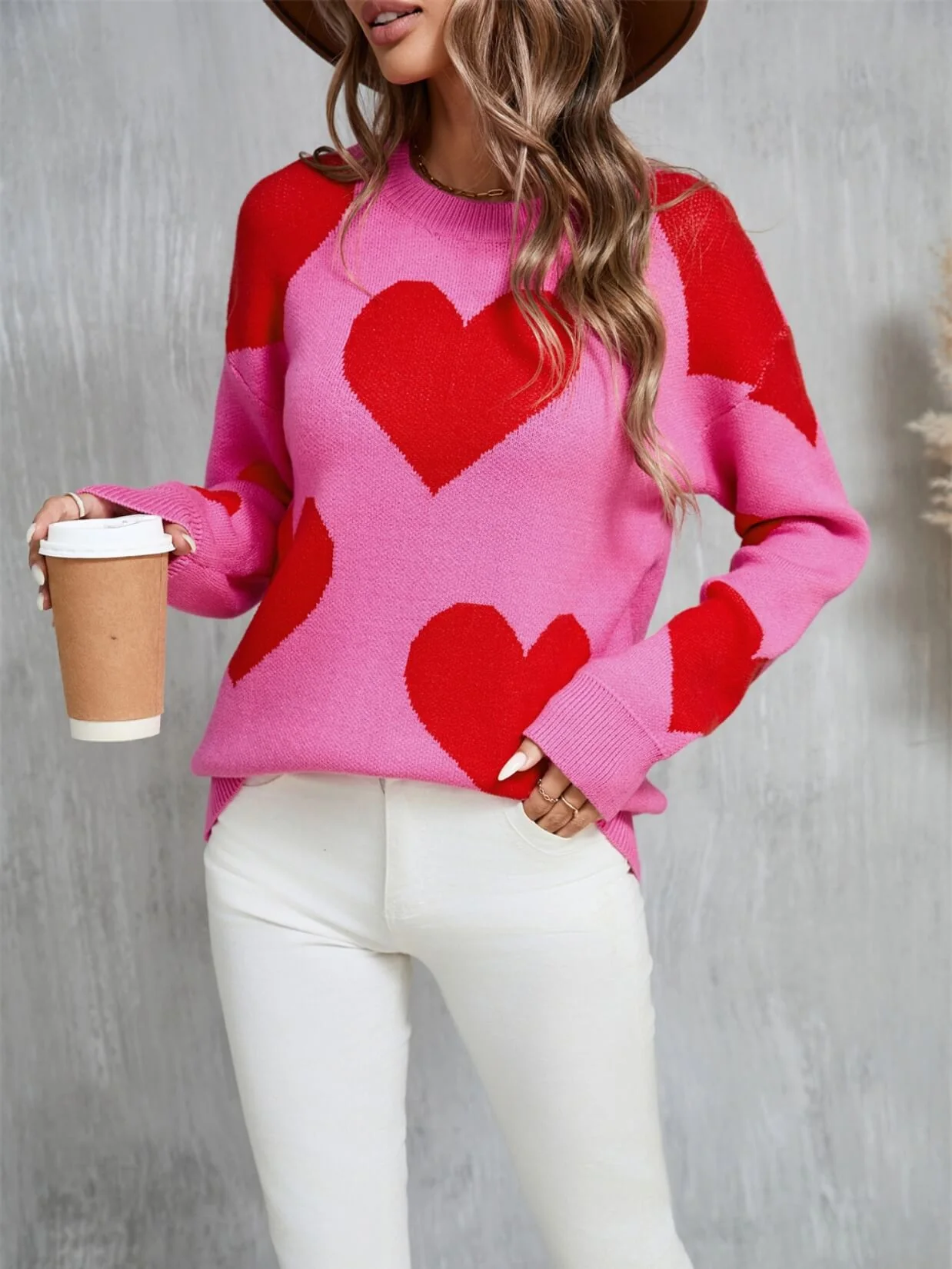 Mega Love Heart Prints Knit Sweater - Pink - Image 5