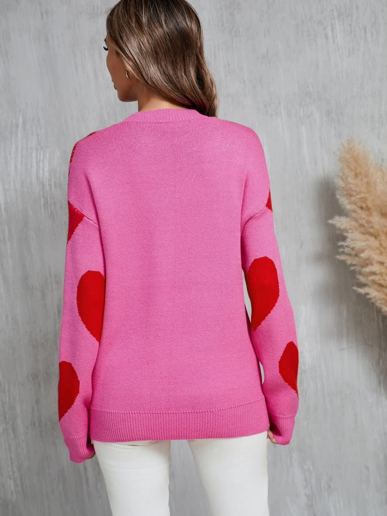 Mega Love Heart Prints Knit Sweater - Pink - Image 6