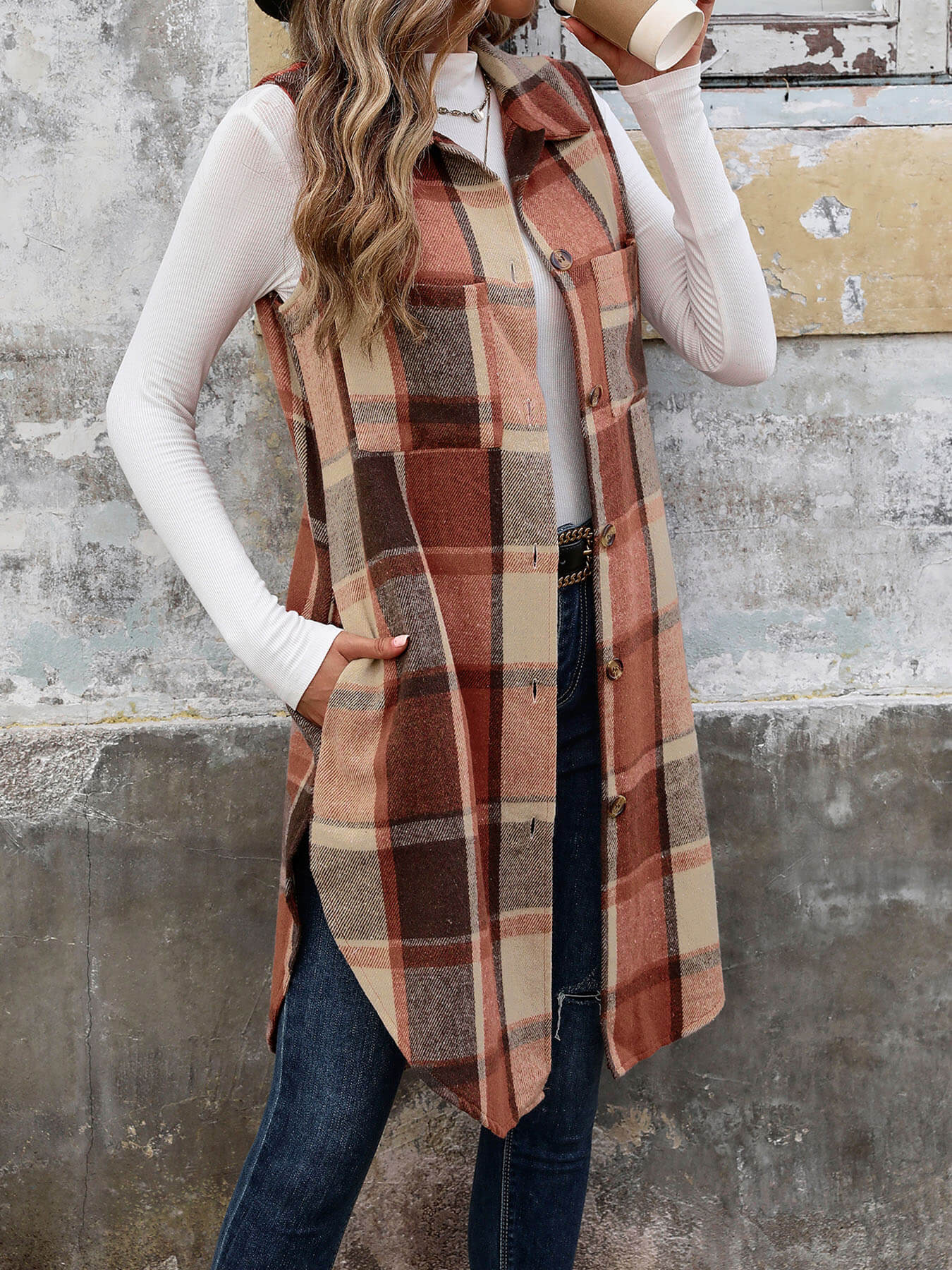 Mendocino Plaid Vest Coat - Coffee - Image 2