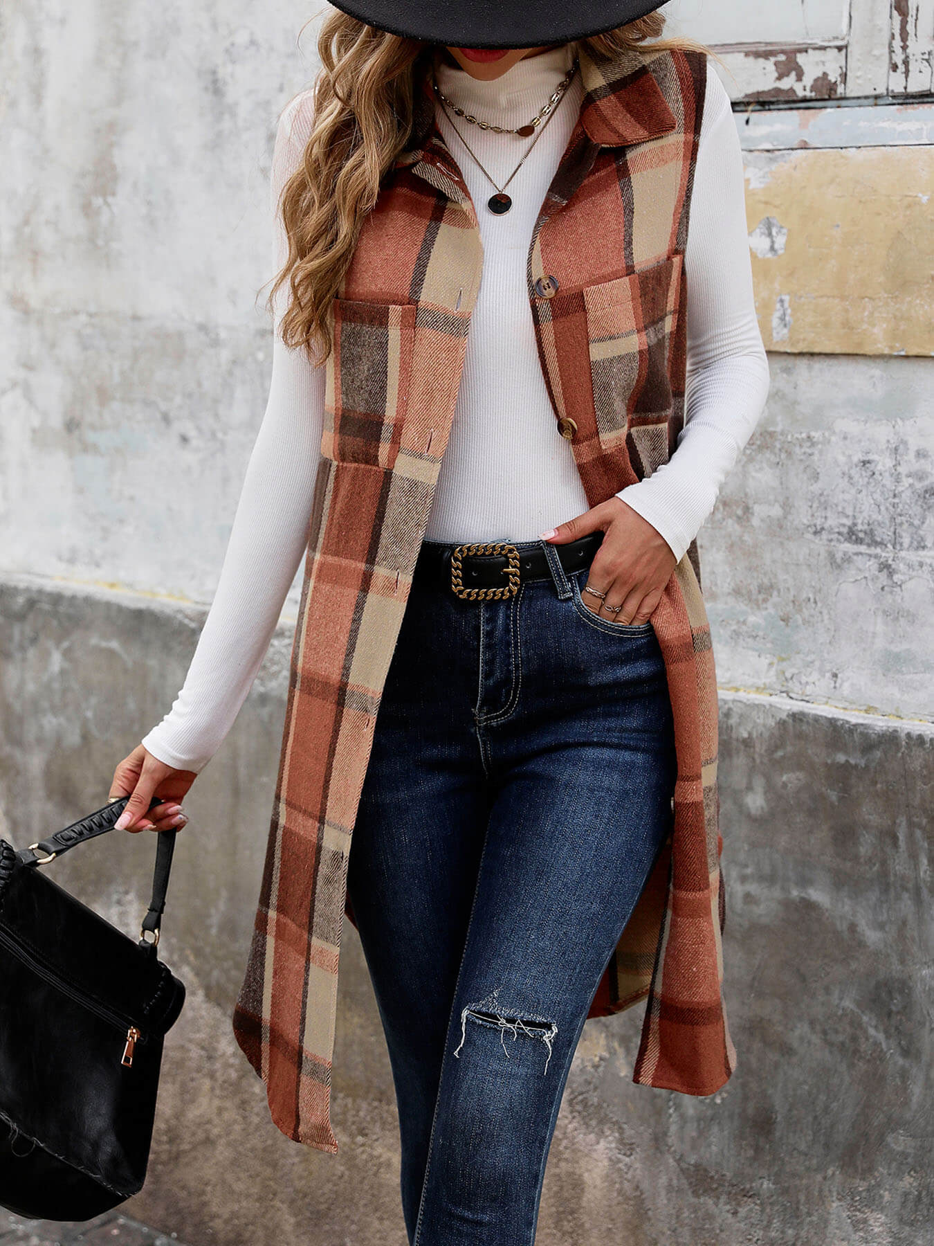 Mendocino Plaid Vest Coat - Coffee - Image 3