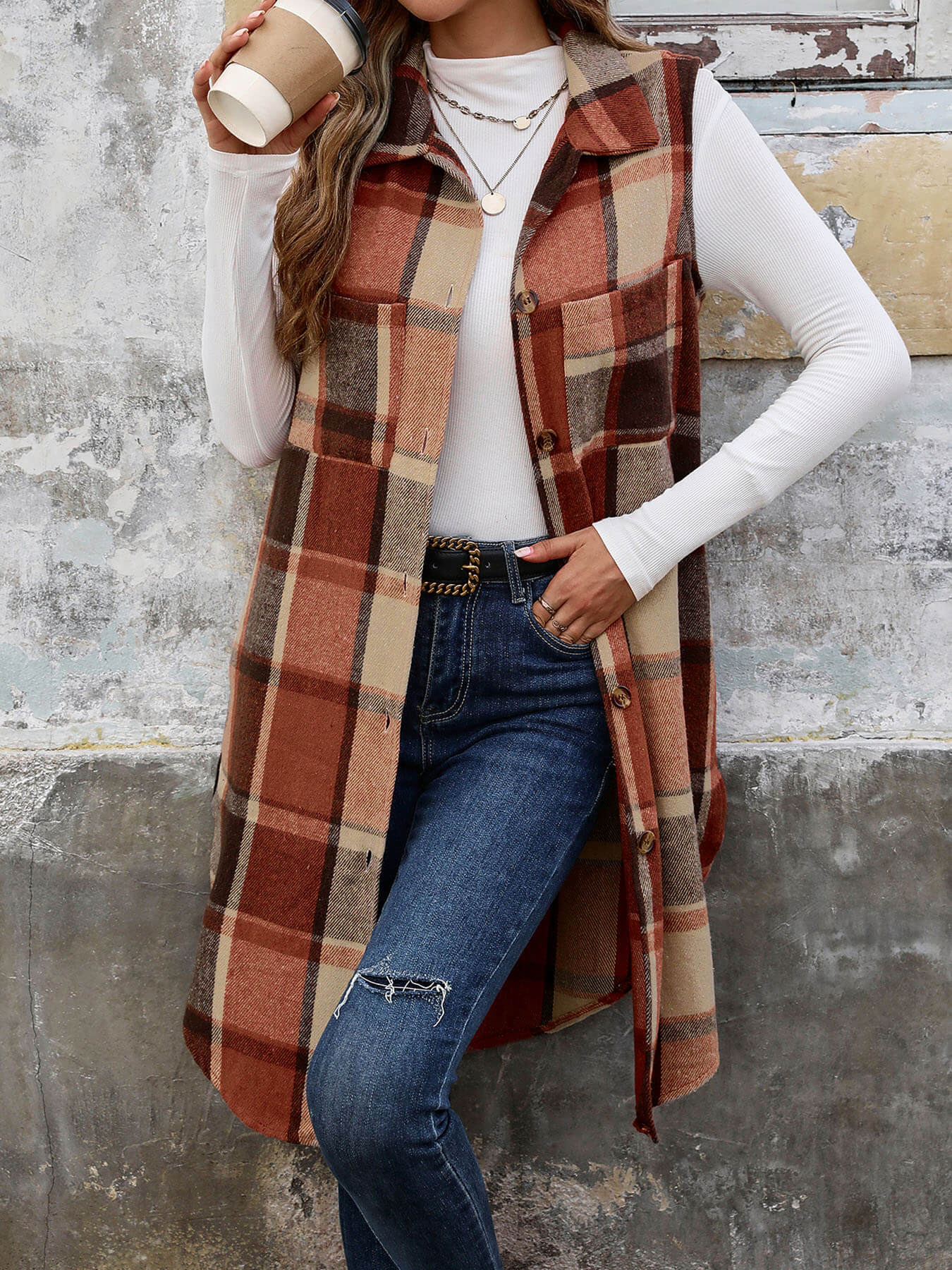 Mendocino Plaid Vest Coat - Coffee - Image 4