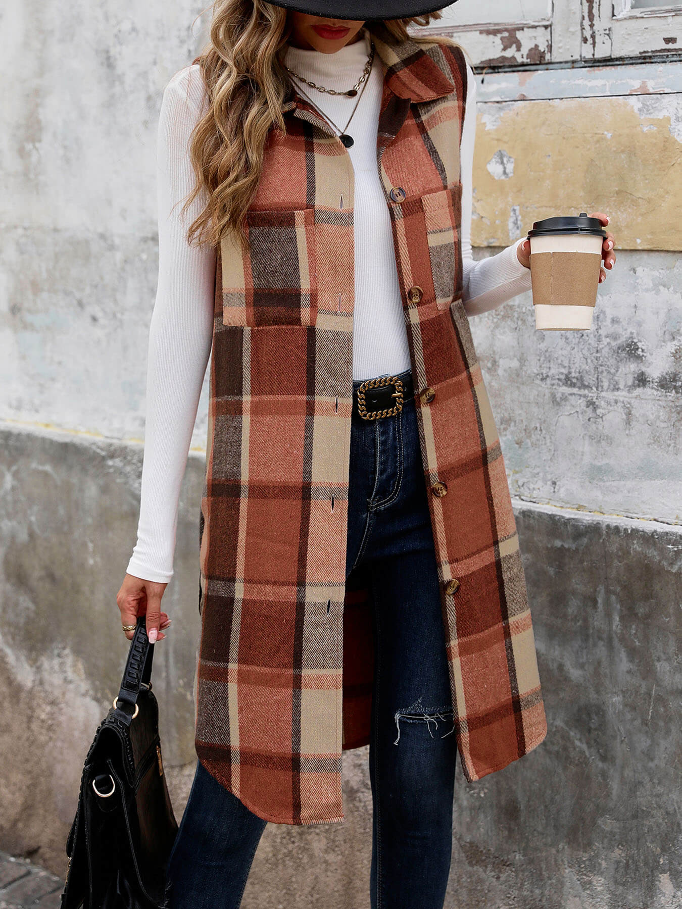 Mendocino Plaid Vest Coat - Coffee - Image 5