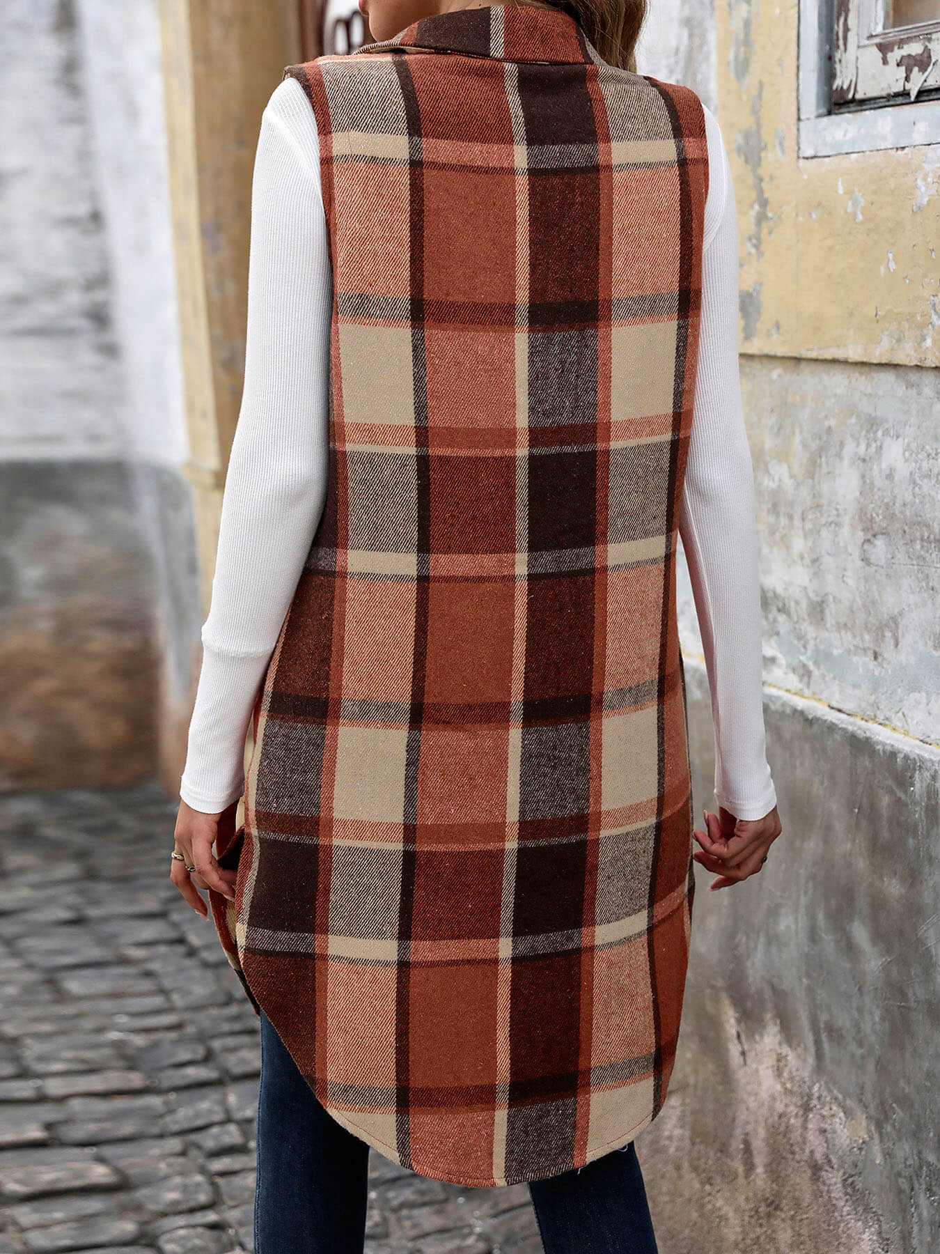 Mendocino Plaid Vest Coat - Coffee - Image 6