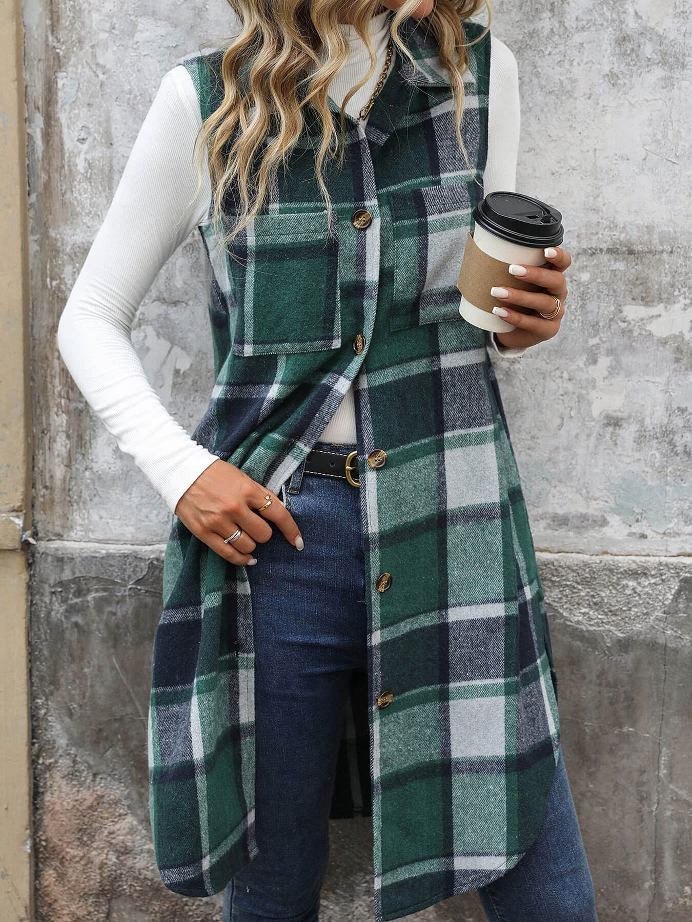 Mendocino Plaid Vest Coat - Green - Image 2