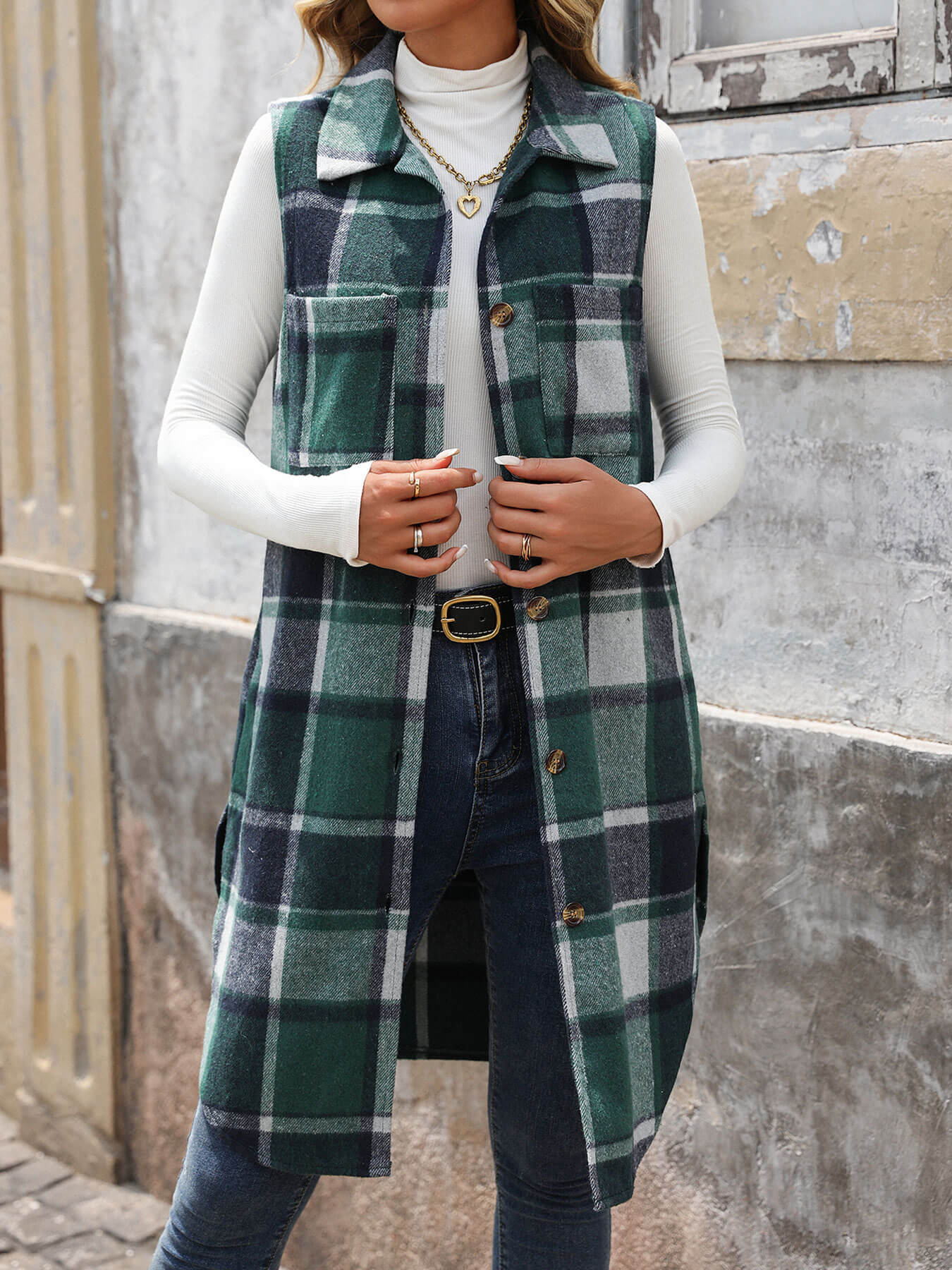 Mendocino Plaid Vest Coat - Green - Image 3