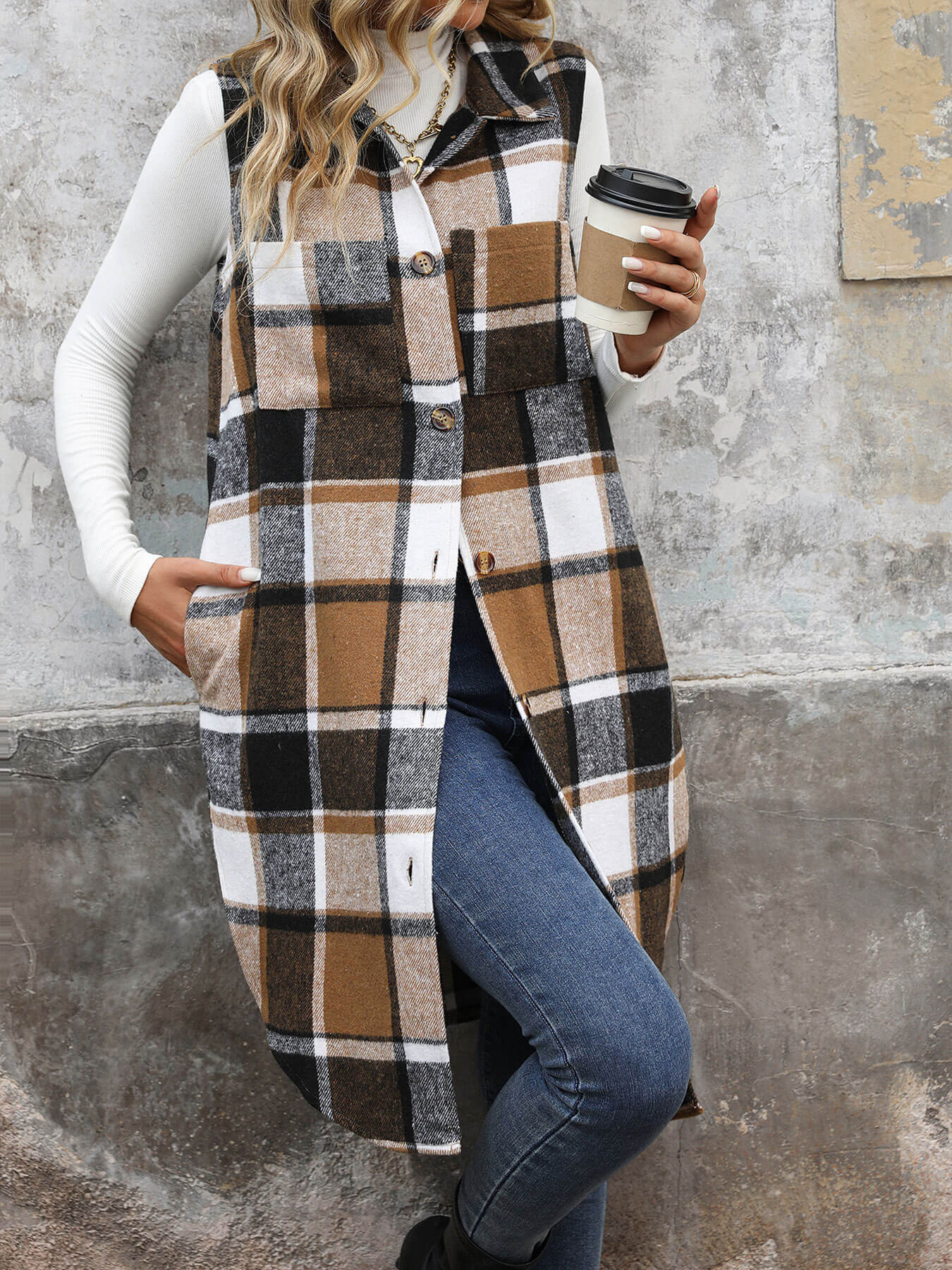 Mendocino Plaid Vest Coat - Khaki - Image 2